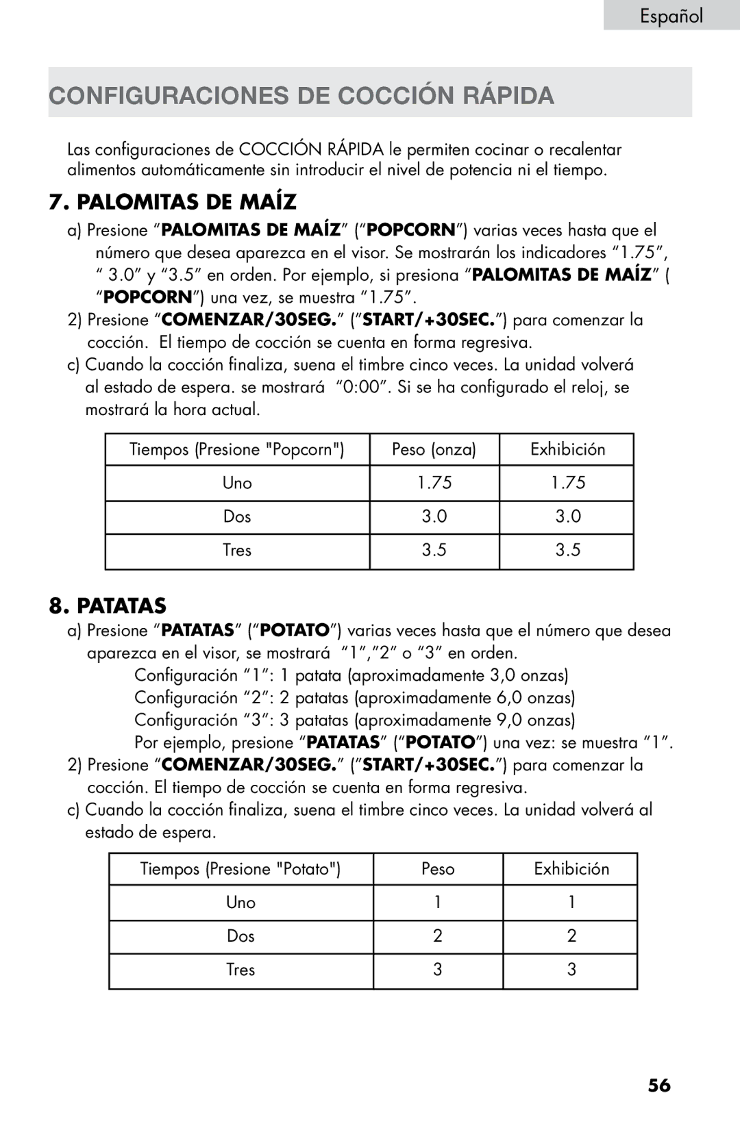 Haier MWM0701TB, MWM0701TW user manual Configuraciones DE Cocción Rápida, Palomitas DE Maíz, Patatas 