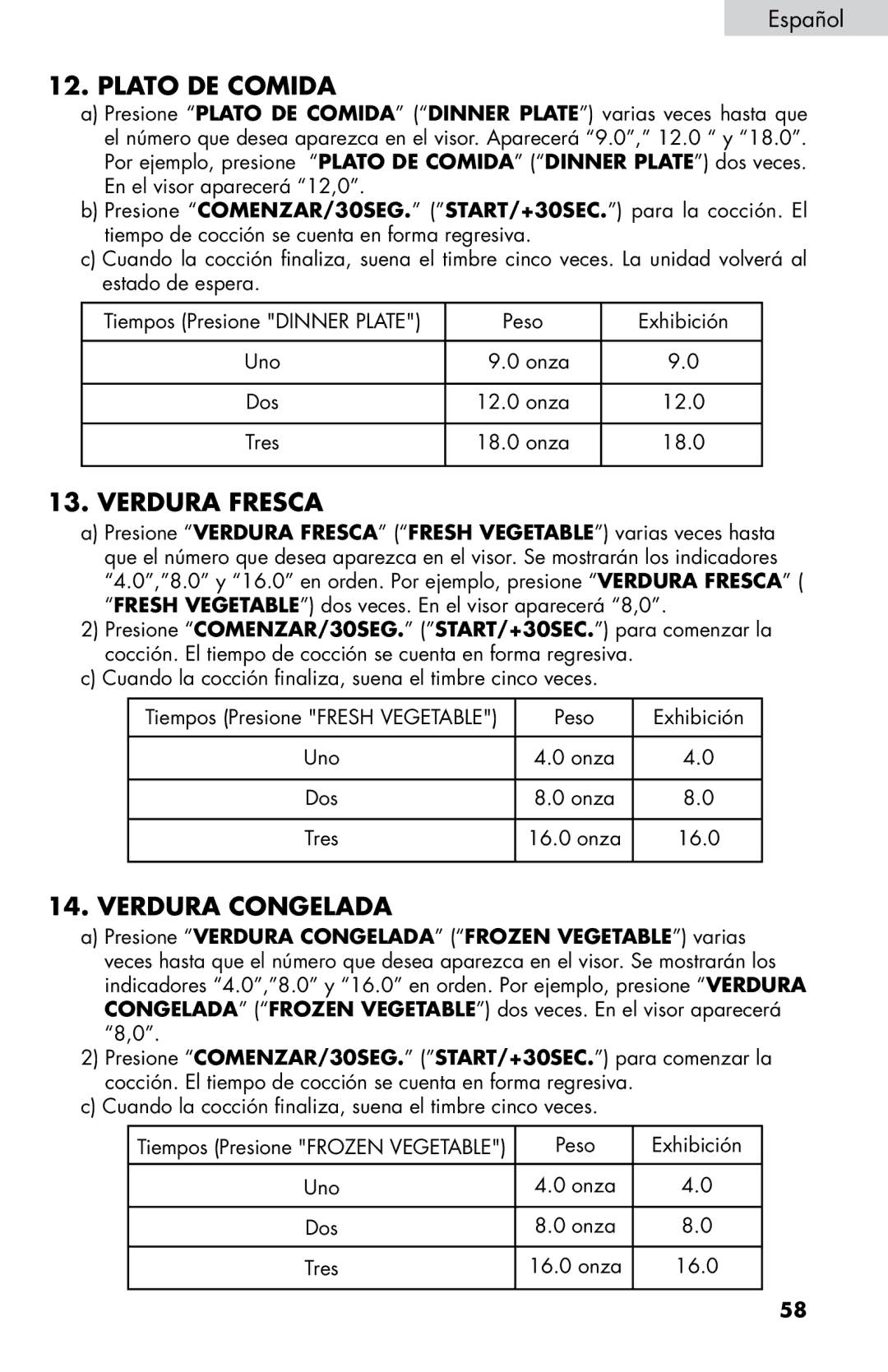 Haier MWM0701TB, MWM0701TW user manual Plato DE Comida, Verdura Fresca, Verdura Congelada 