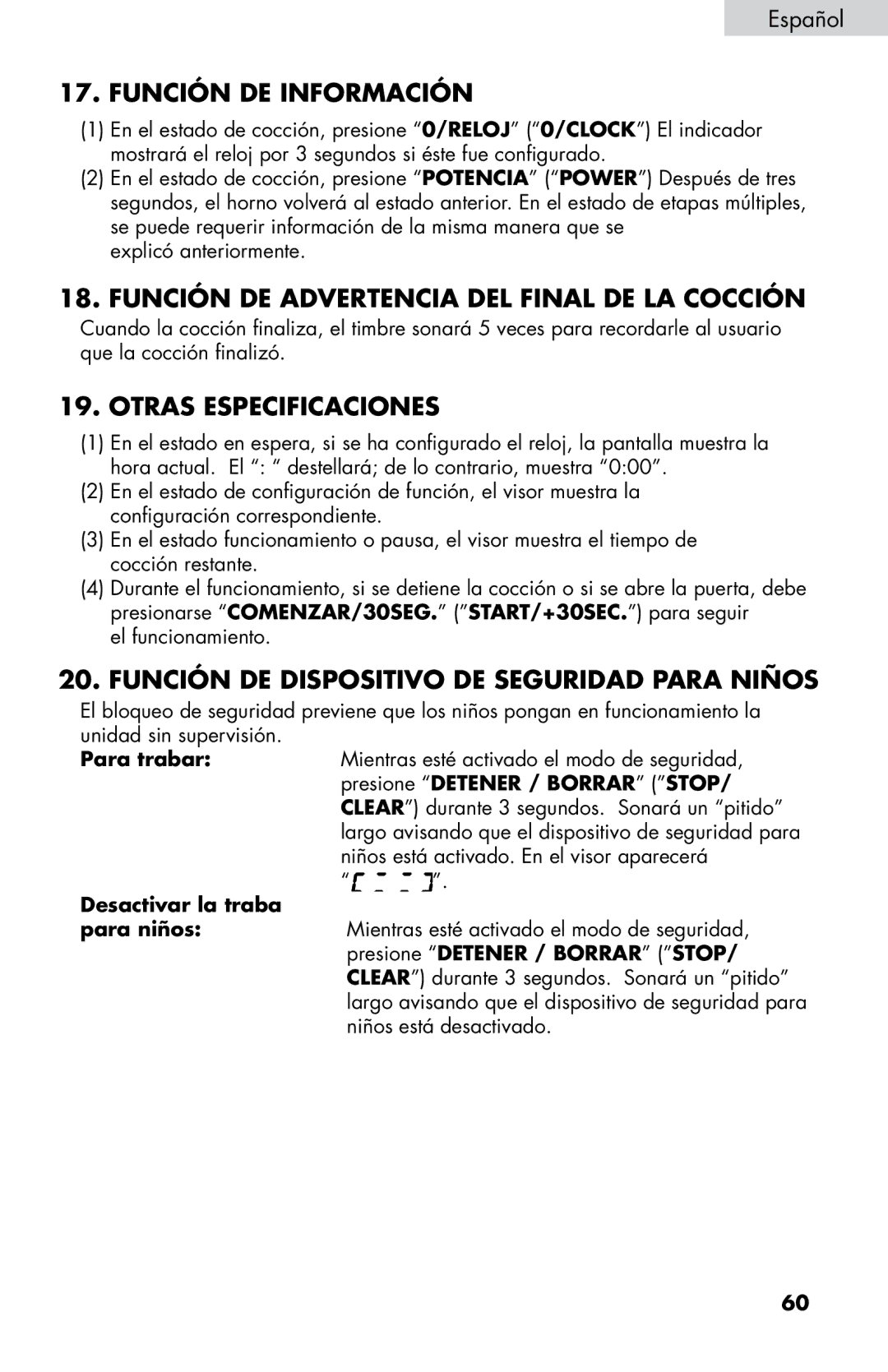 Haier MWM0701TB, MWM0701TW Función DE Información, Función DE Advertencia DEL Final DE LA Cocción, Otras Especificaciones 