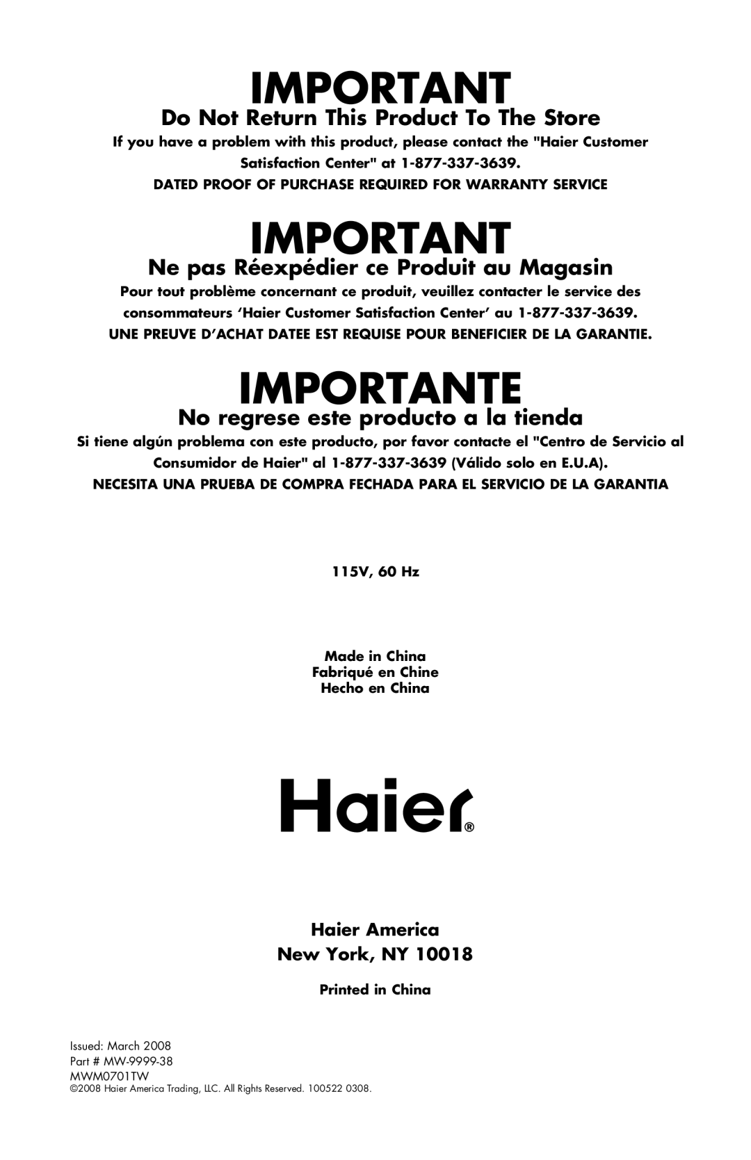 Haier MWM0701TB, MWM0701TW user manual Do Not Return This Product To The Store, Haier America New York, NY 