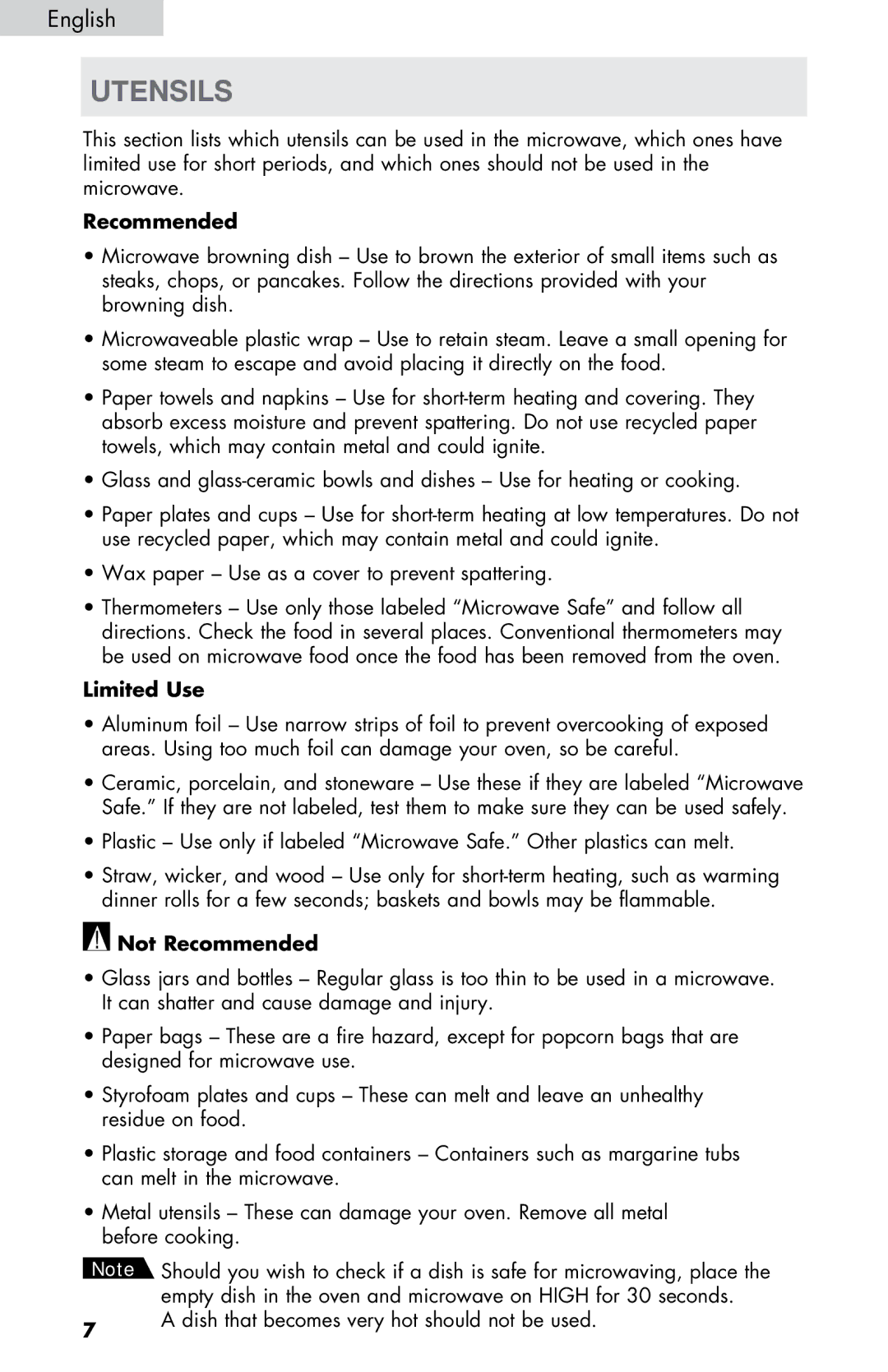 Haier MWM0701TW, MWM0701TB user manual Utensils, Limited Use, Not Recommended 