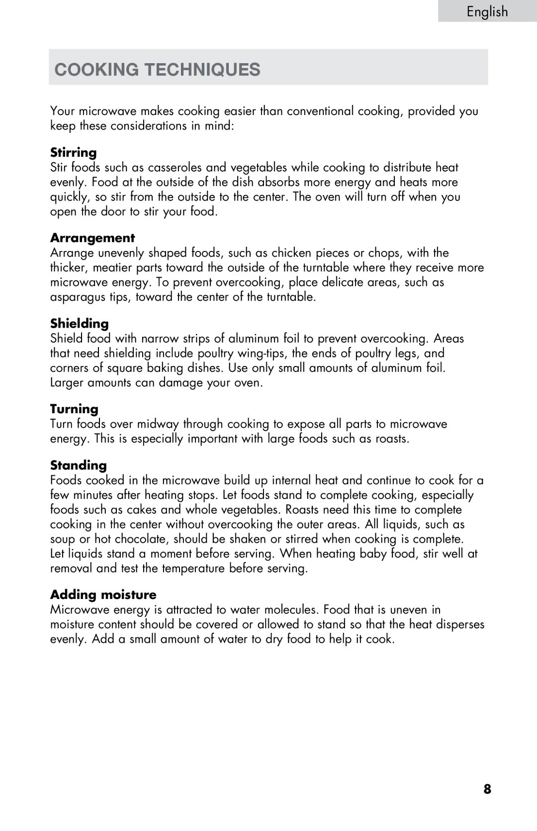 Haier MWM0701TB, MWM0701TW user manual Cooking Techniques 