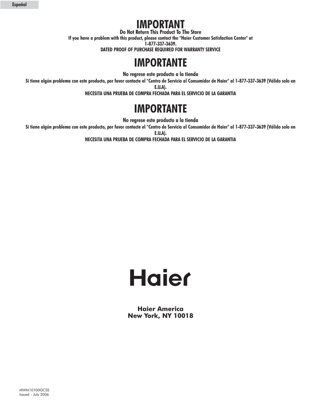 Haier MWM10100GCSS owner manual Español, Dated Proof of Purchase Required for Warranty Service 