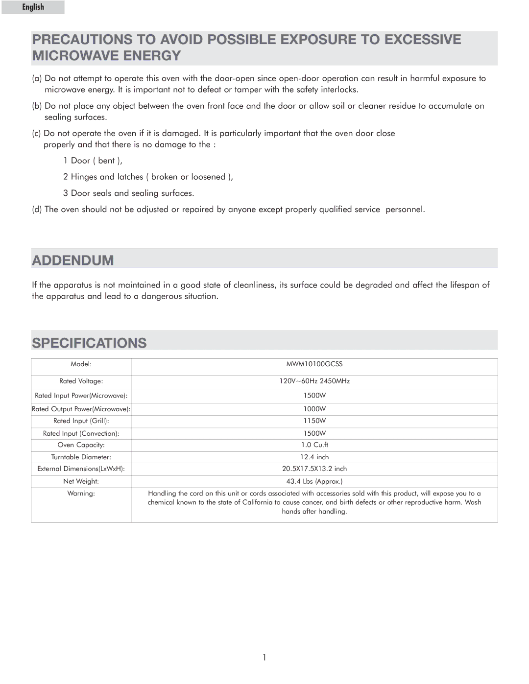 Haier MWM10100GCSS owner manual Addendum, Specifications, English 