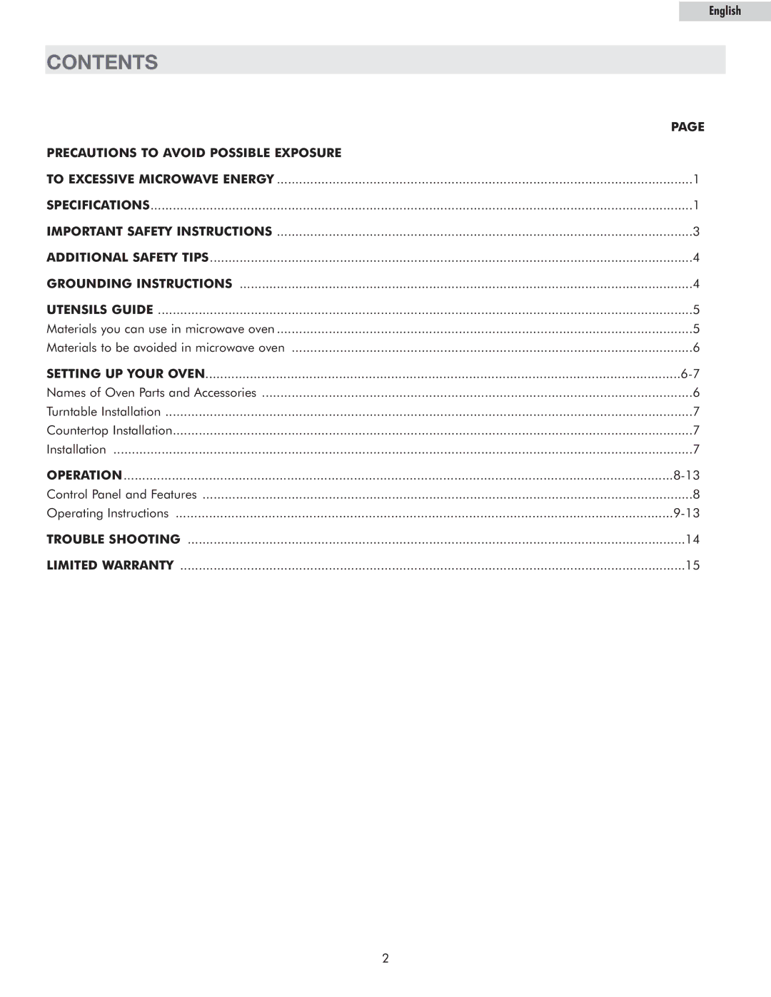 Haier MWM10100GCSS owner manual Contents 