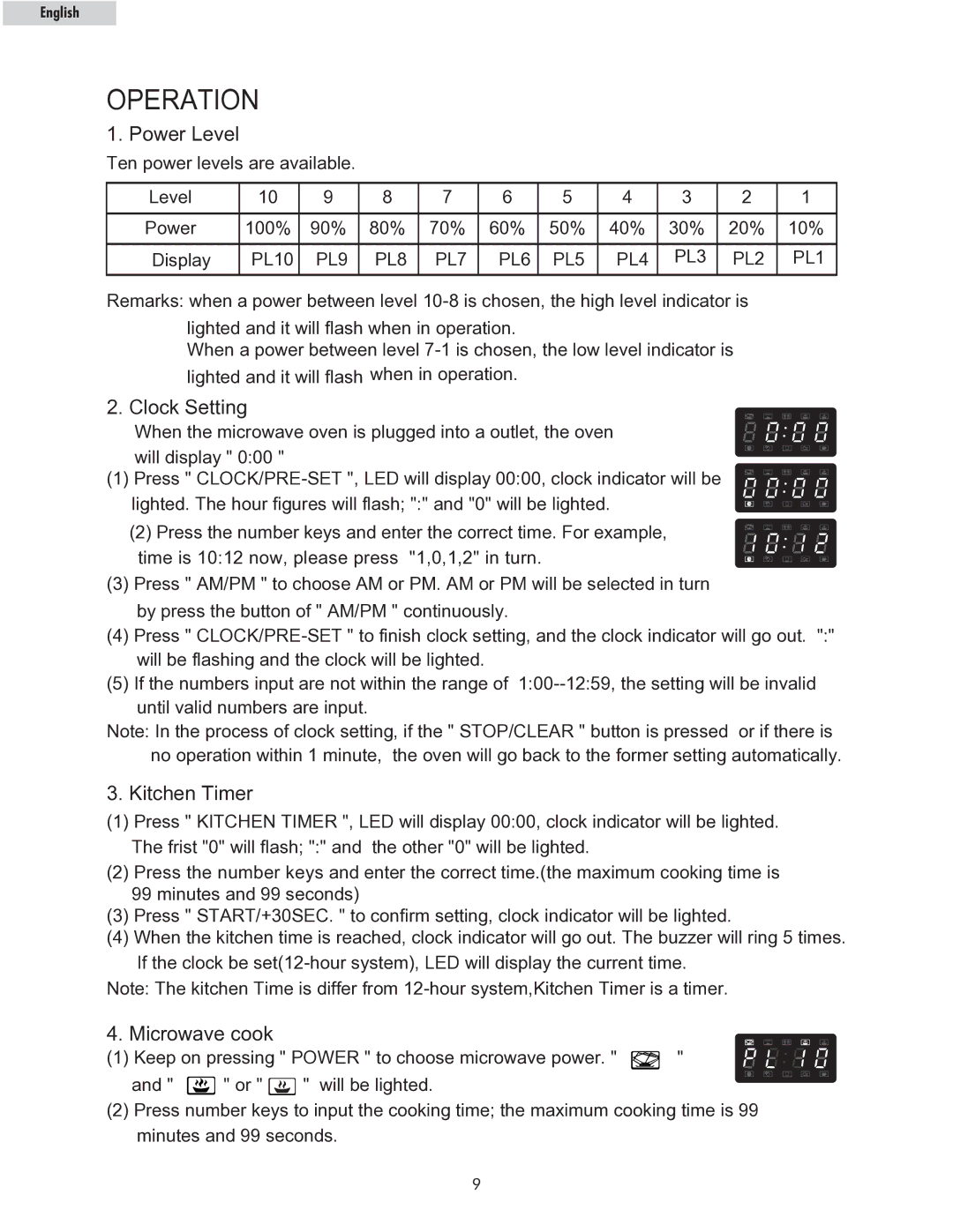 Haier MWM10100SS owner manual Power Level, PL9 PL8 PL7 PL6 PL5 PL4 PL3 PL2 PL1 