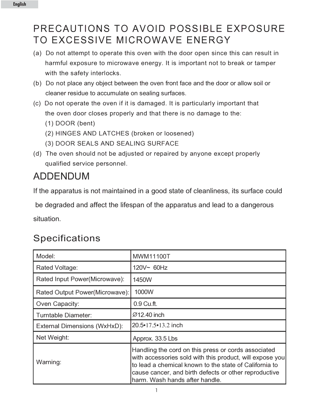 Haier MWM10100SS owner manual Addendum, Door Seals and Sealing Surface 