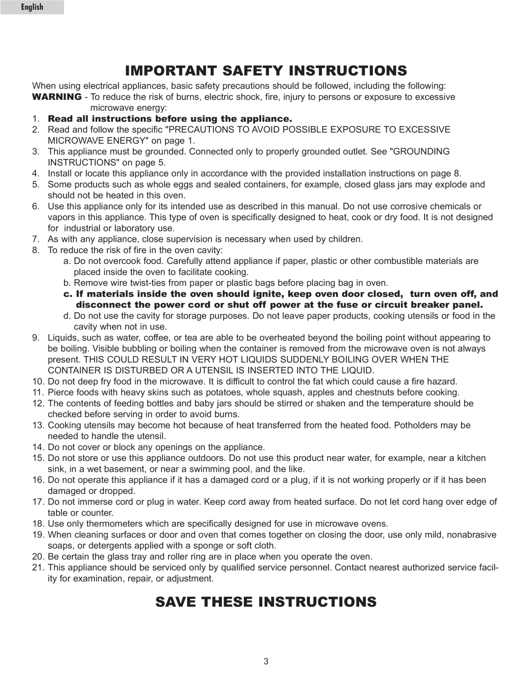 Haier MWM10100SS Important Safety Instructions, Save These Instructions, Read all instructions before using the appliance 