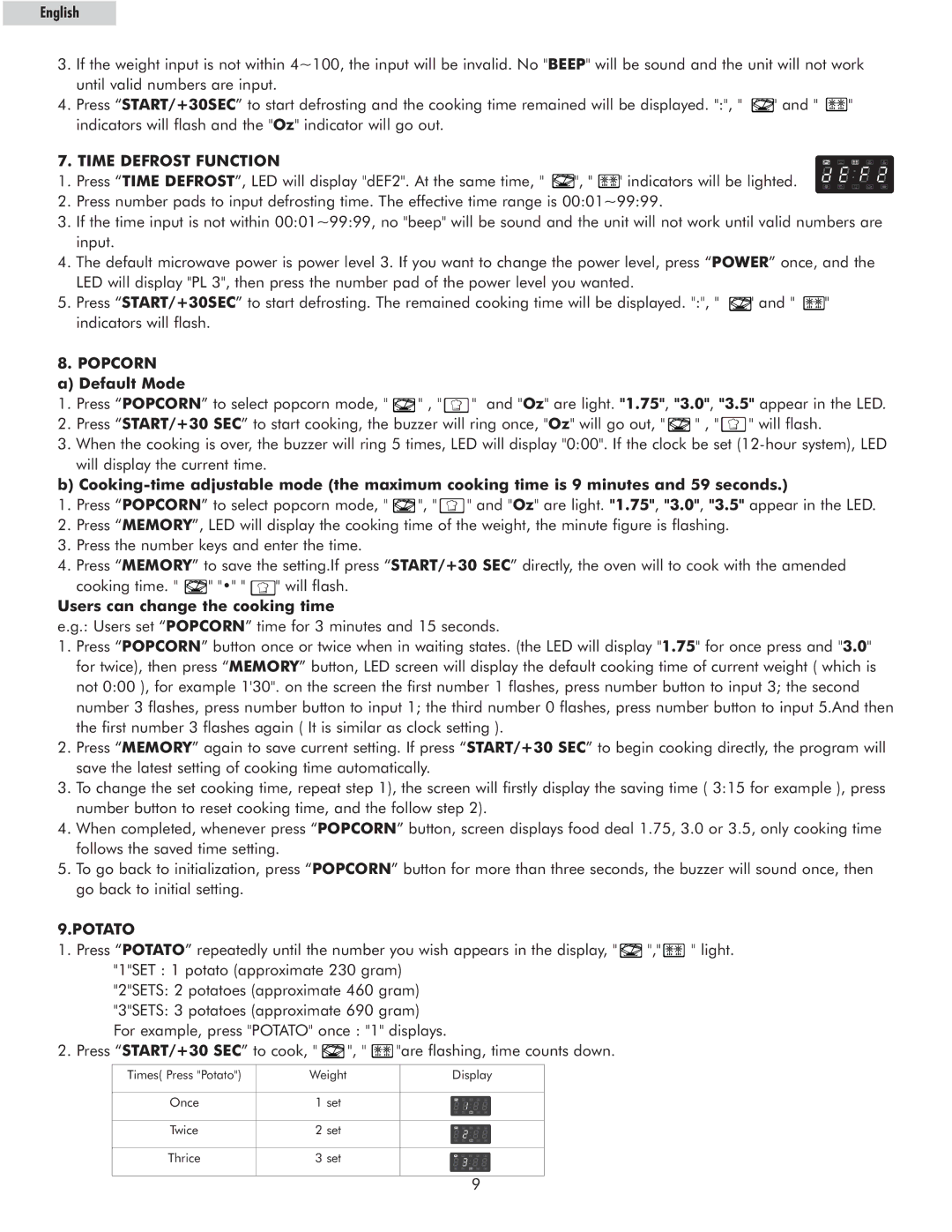 Haier MWM11100TB, MWM11100TW, MWG7036RW owner manual Time Defrost Function, Popcorn, Potato 