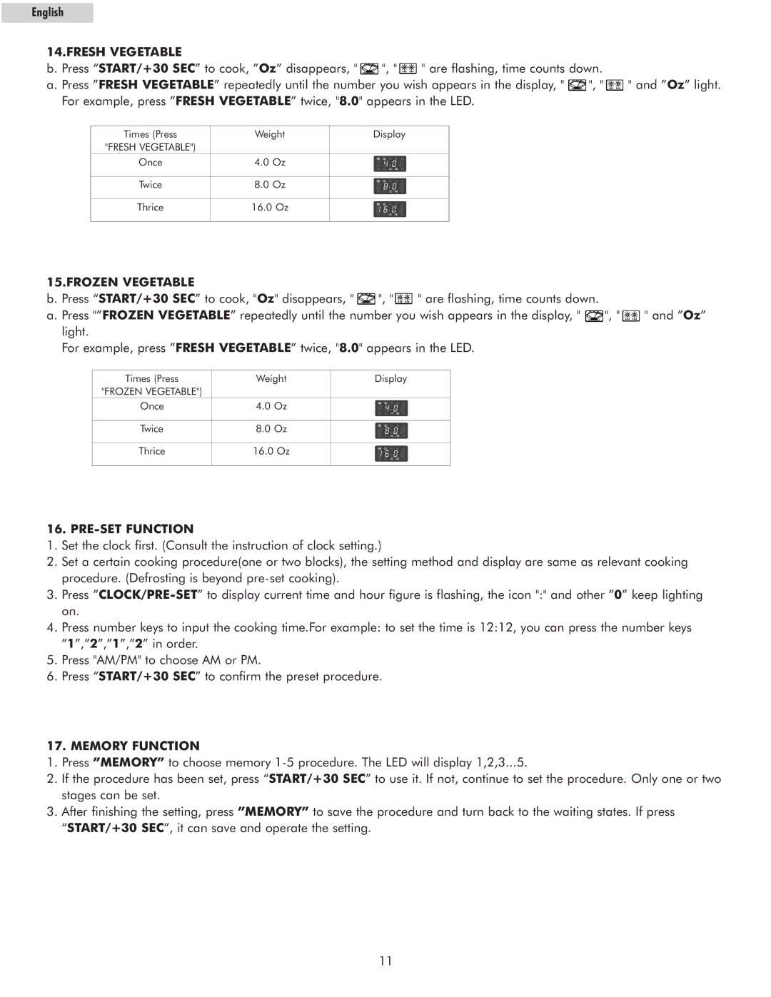 Haier MWM11100TW, MWM11100TB, MWG7036RW owner manual Fresh Vegetable, Frozen Vegetable, PRE-SET Function, Memory Function 