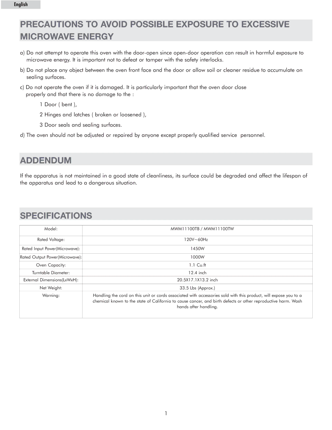 Haier MWG7036RW, MWM11100TW, MWM11100TB owner manual Addendum, Specifications 