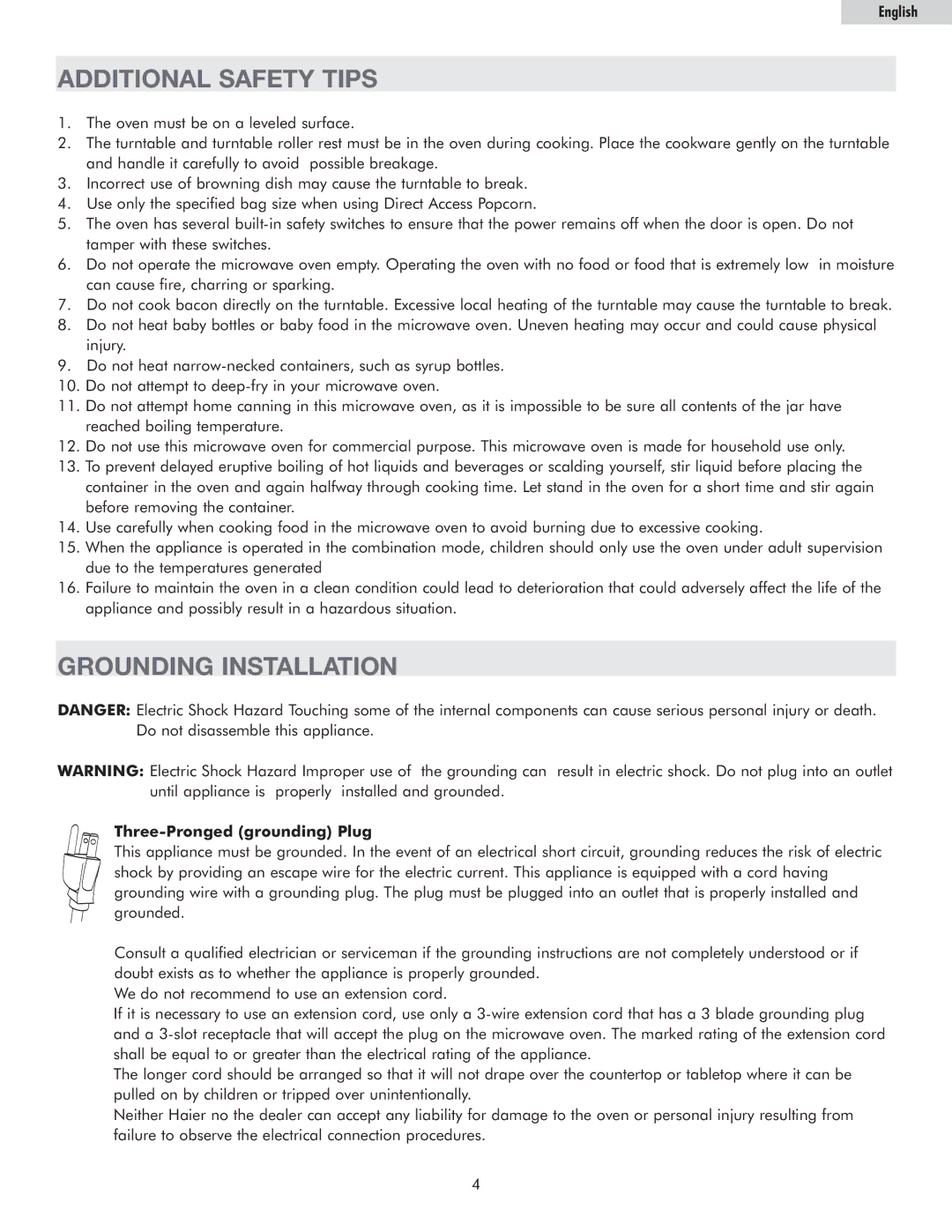 Haier MWG7036RW, MWM11100TW, MWM11100TB owner manual Additional Safety Tips, Grounding Installation 