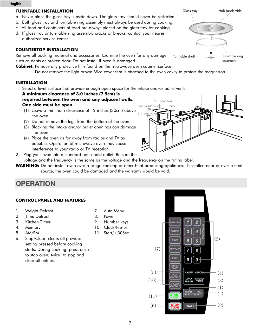 Haier MWG7036RW, MWM11100TW Operation, Turntable Installation, Countertop Installation, Control Panel and Features 