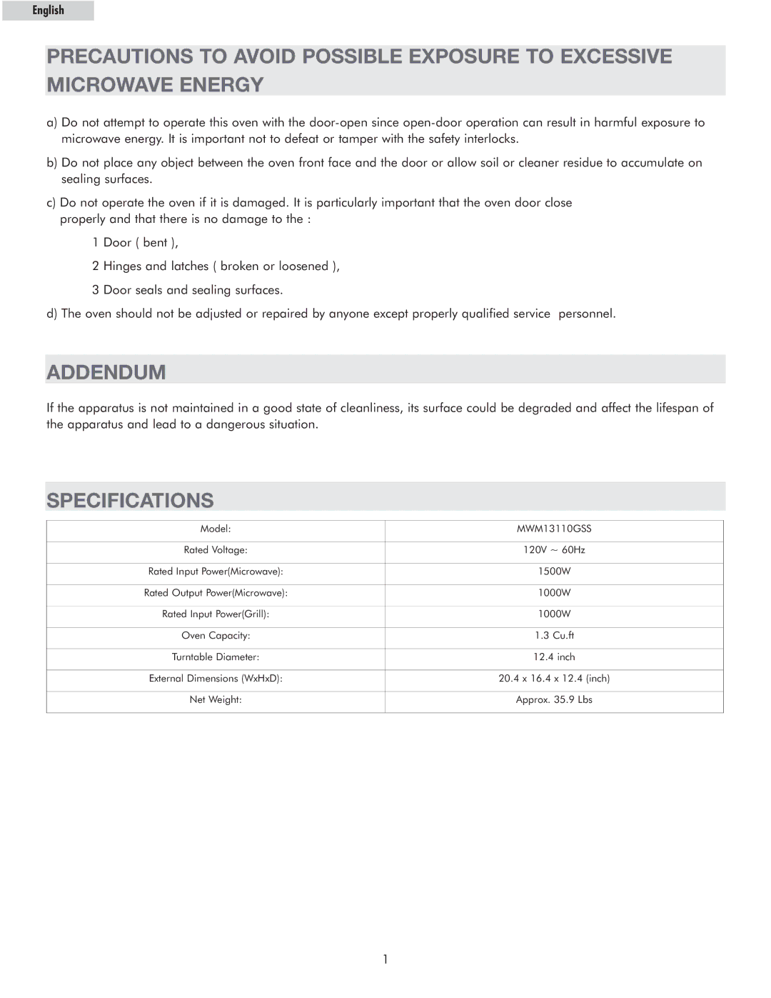 Haier MWM13110GSS owner manual Addendum, Specifications 