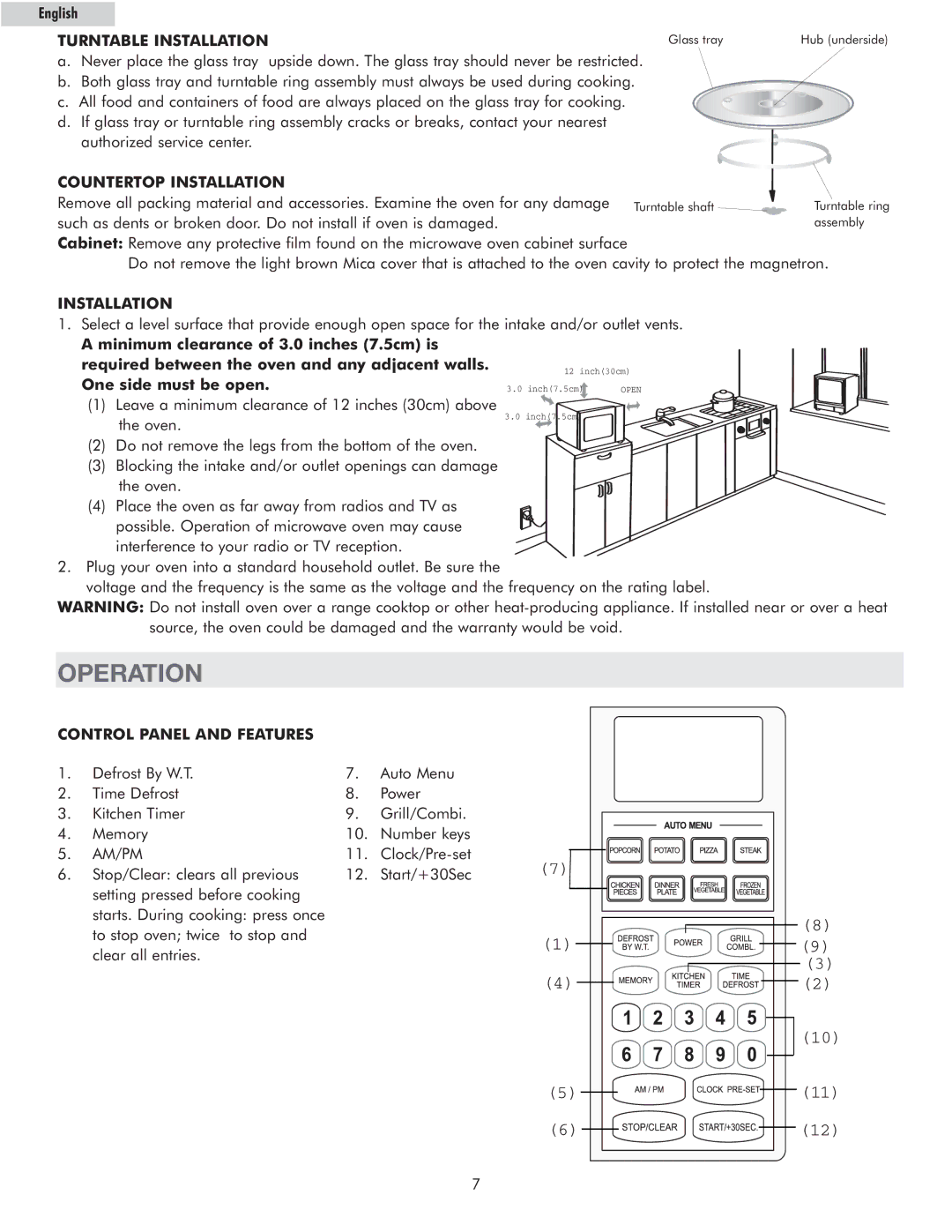 Haier MWM13110GSS owner manual Operation, Turntable Installation, Countertop Installation, Control Panel and Features 