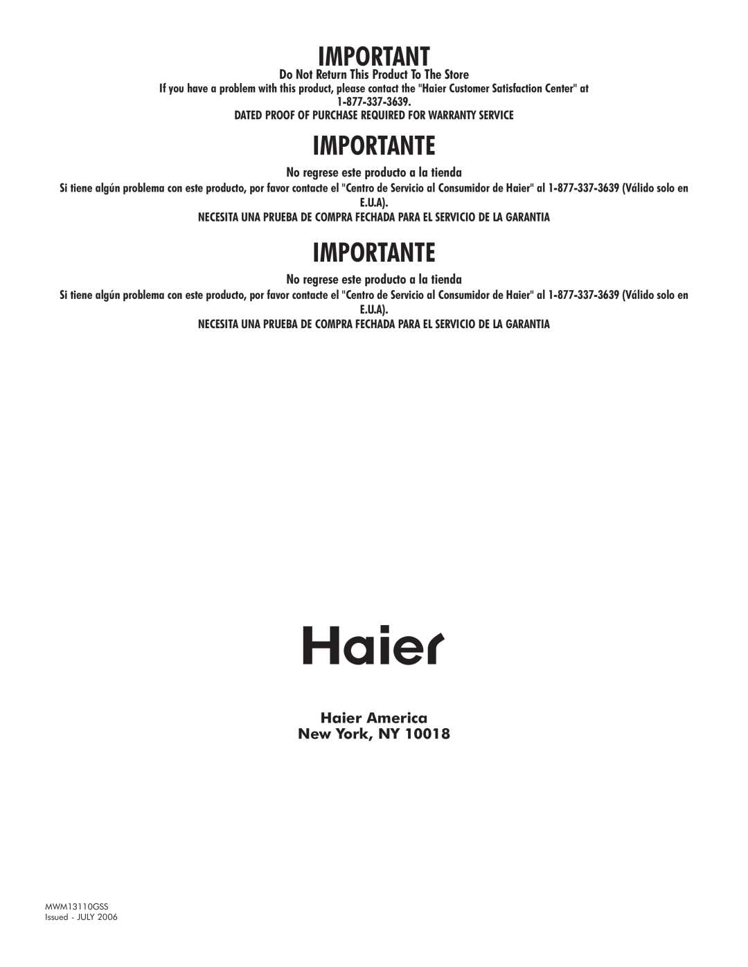 Haier MWM13110GSS owner manual Importante, Haier America New York, NY, Do Not Return This Product To The Store, E.U.A 