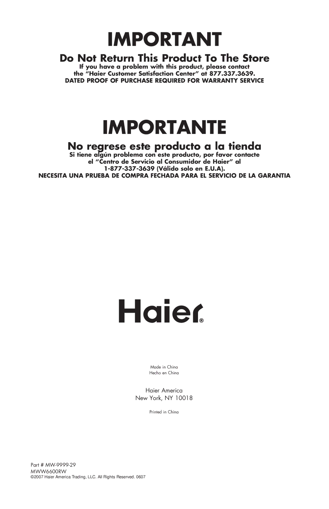 Haier MWM6600RW user manual Importante 