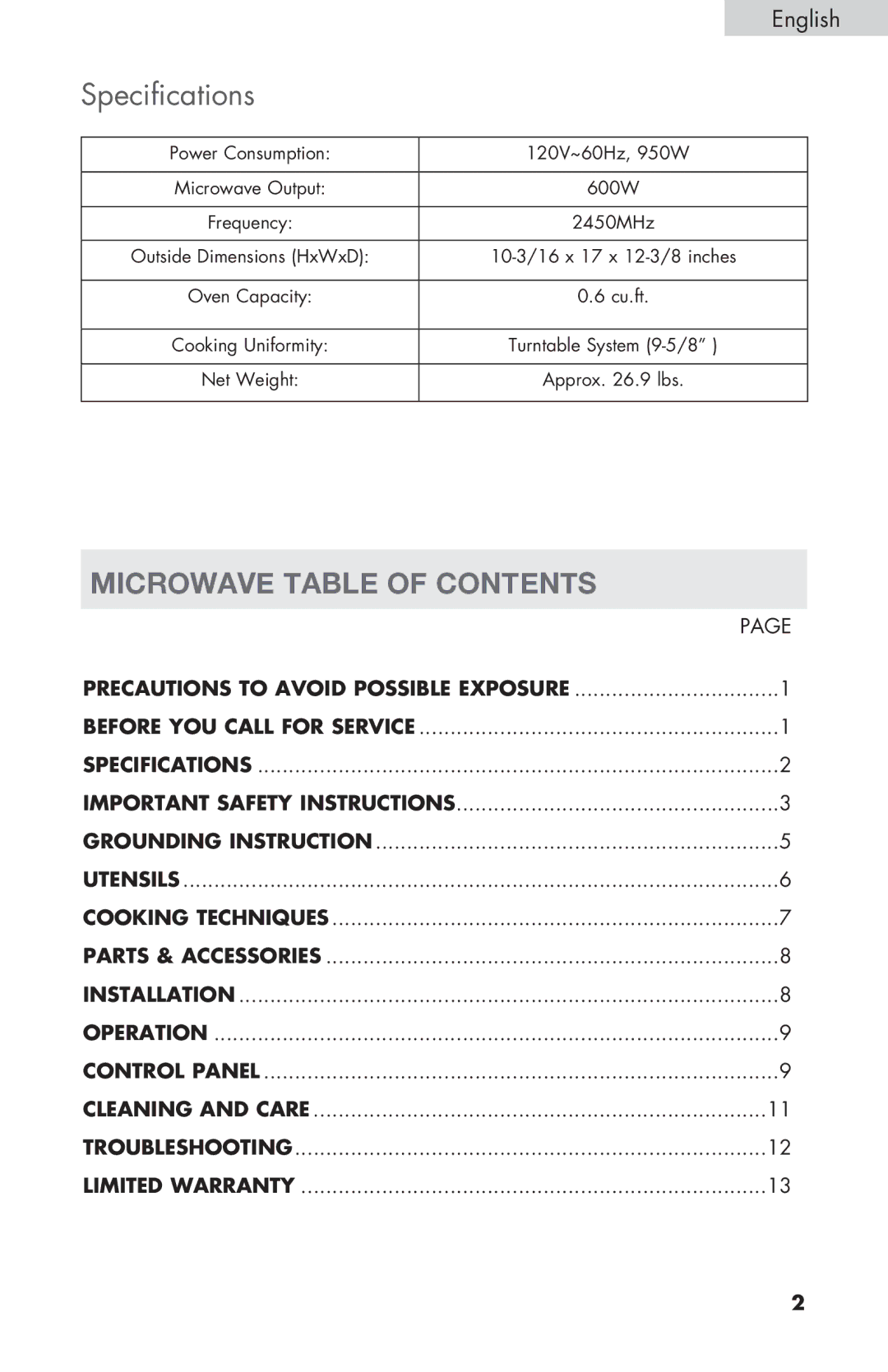 Haier MWM6600RW user manual Microwave Table of Contents 