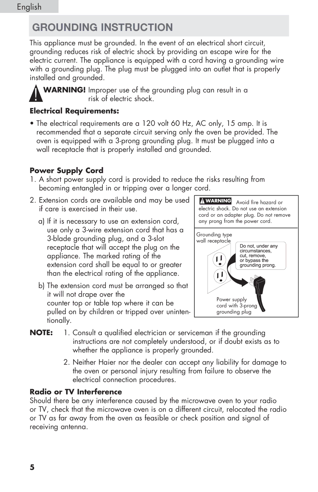 Haier MWM6600RW user manual Grounding Instruction, Electrical Requirements, Power Supply Cord, Radio or TV Interference 