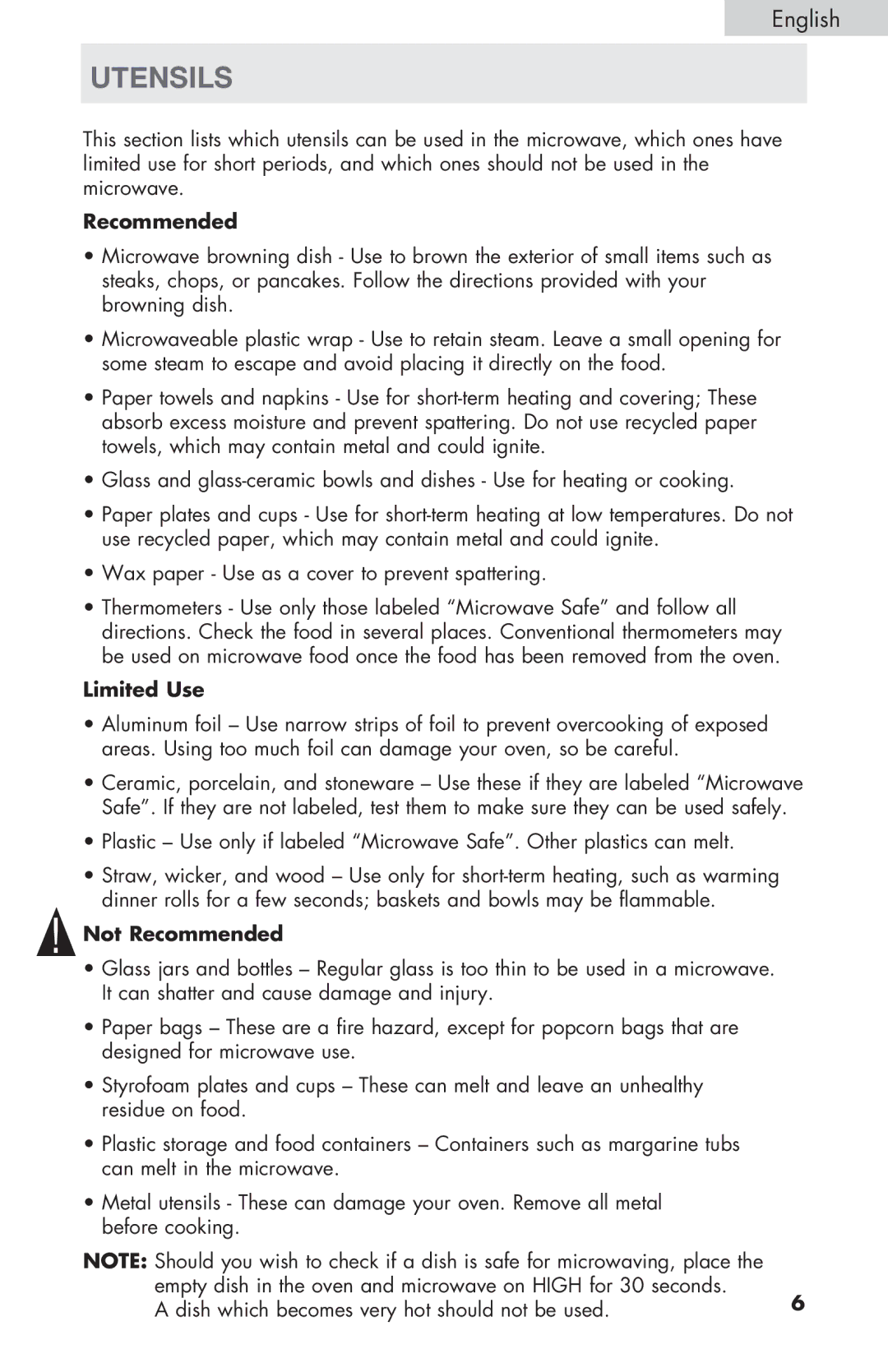 Haier MWM6600RW user manual Utensils, Limited Use, Not Recommended 