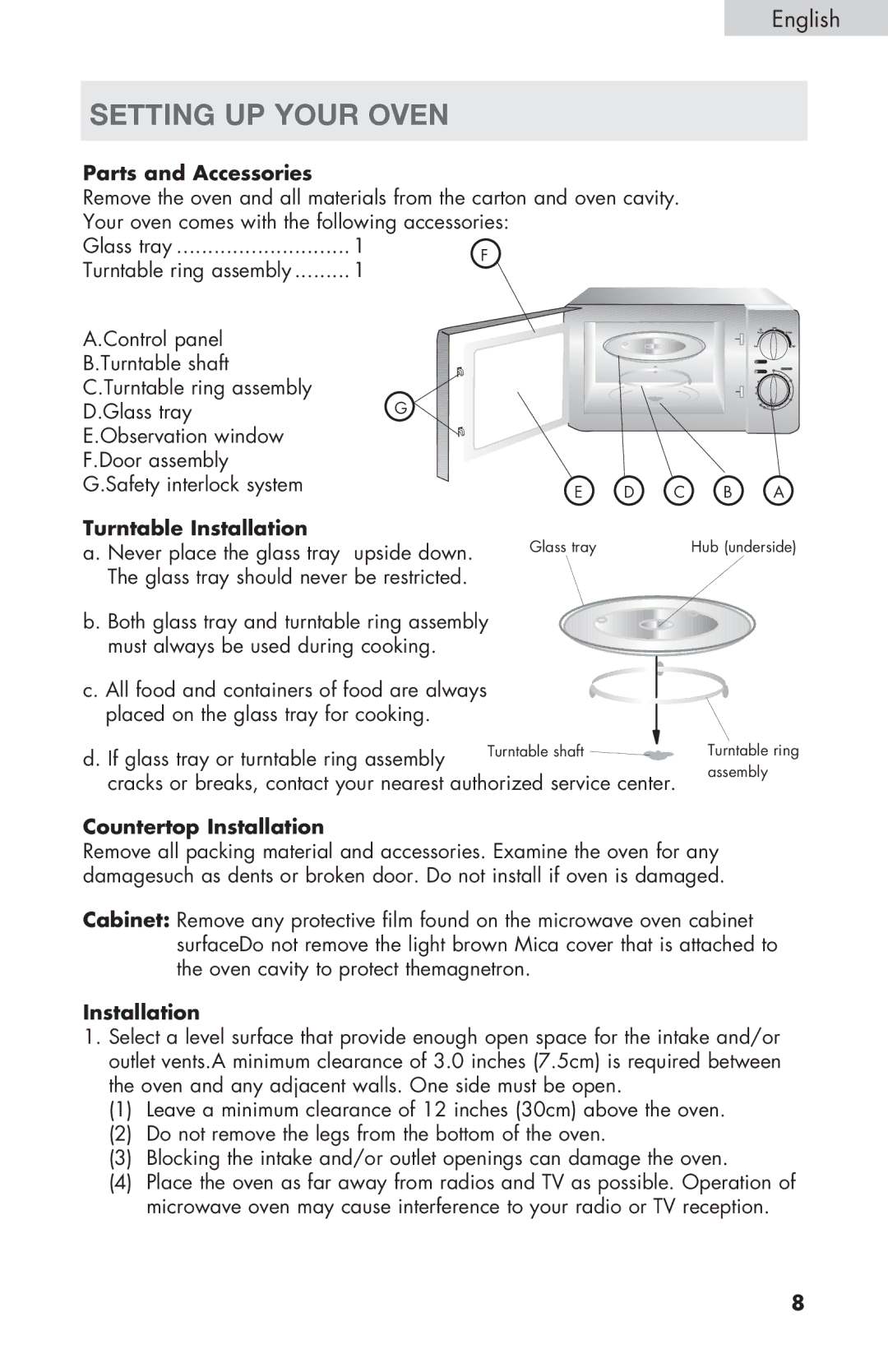 Haier MWM6600RW user manual Setting UP Your Oven, Parts and Accessories, Turntable Installation, Countertop Installation 