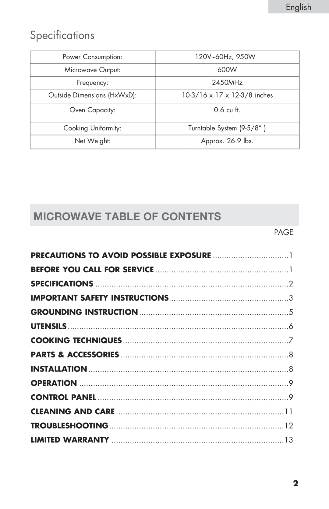 Haier MWM6600RW user manual Specifications, Microwave Table Of Contents 