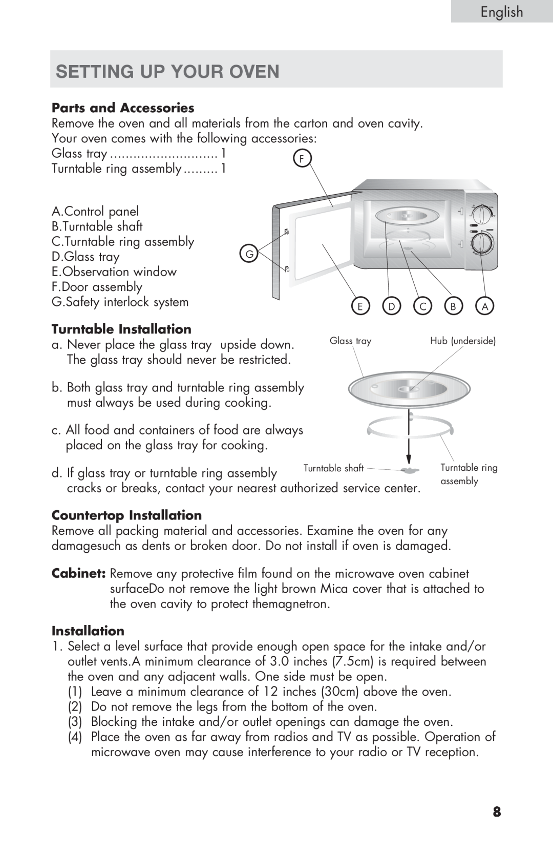 Haier MWM6600RW user manual Setting Up Your Oven, Parts and Accessories, Turntable Installation, Countertop Installation 