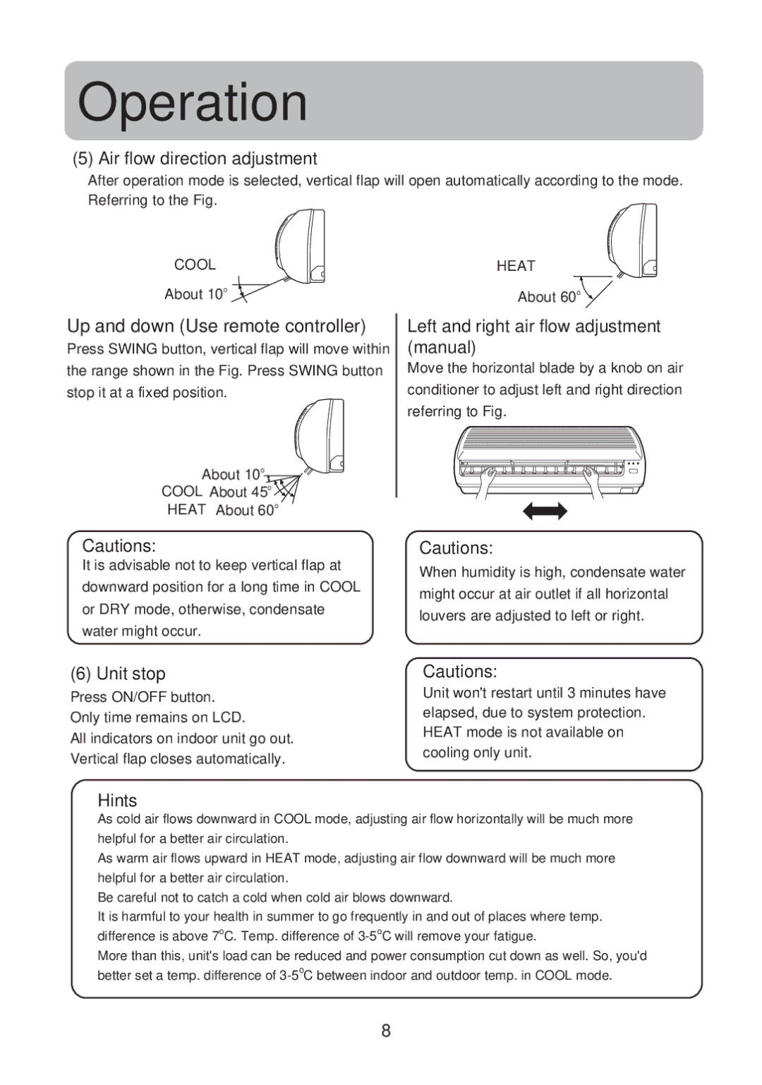 Haier No. 0010551809 operation manual Air flow direction adjustment, Left and right air flow adjustment manual 