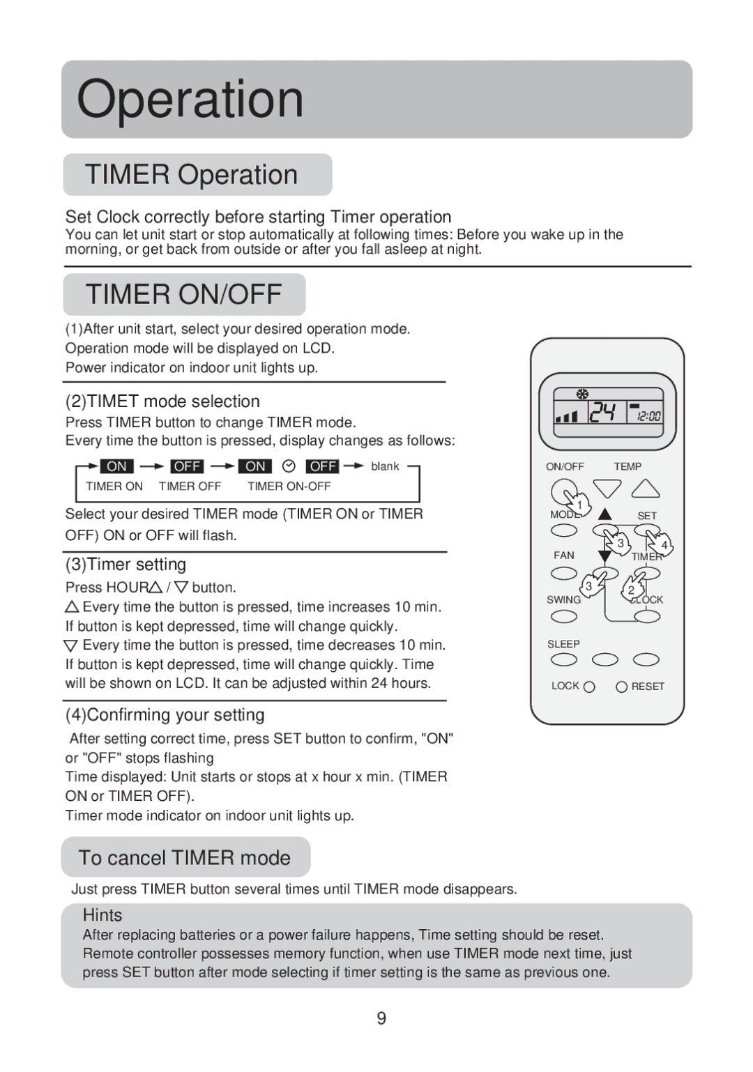 Haier No. 0010551809 Timer Operation, To cancel Timer mode, Set Clock correctly before starting Timer operation 