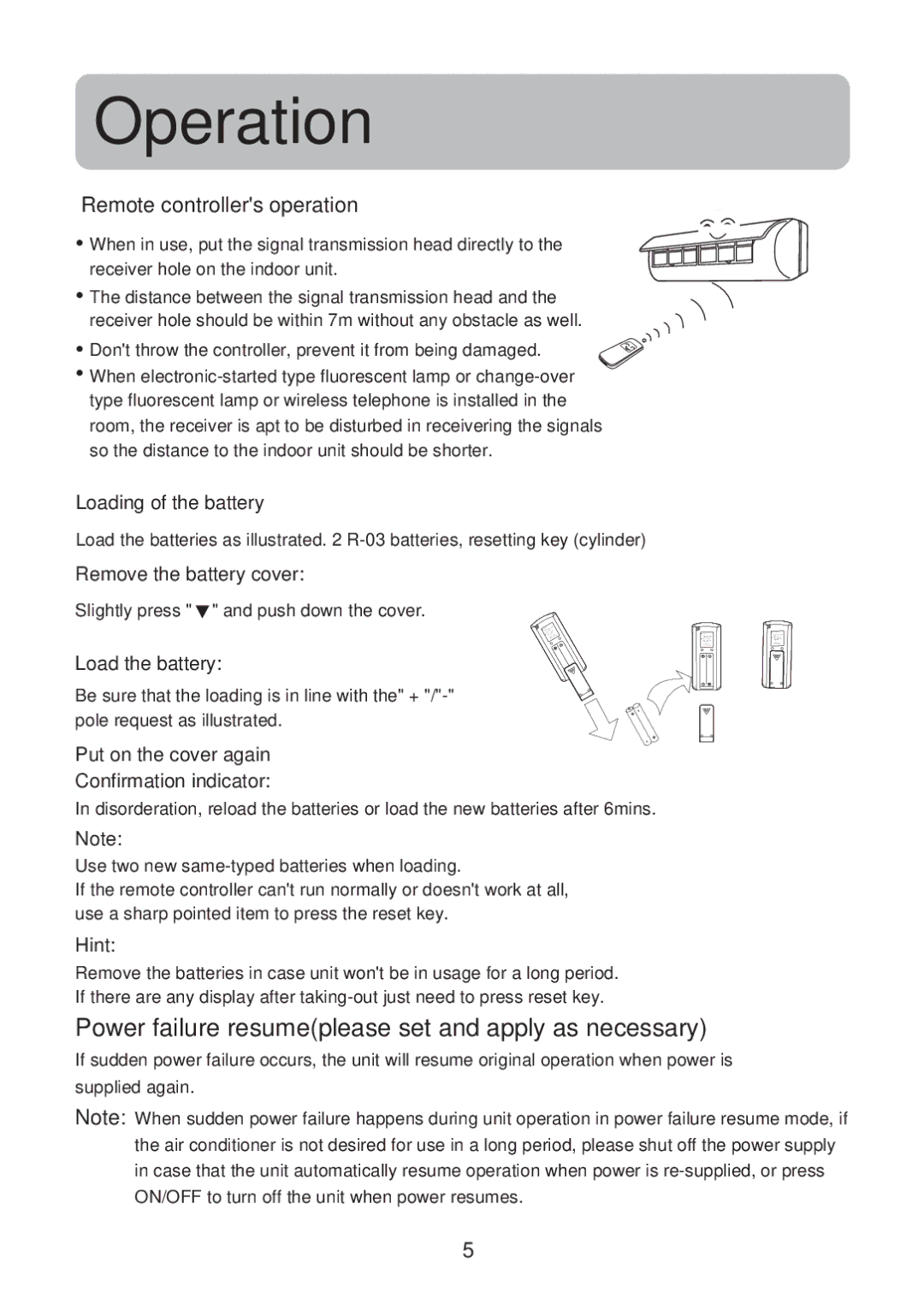 Haier No. 0010551809 Operation, Power failure resumeplease set and apply as necessary, Remote controllers operation 