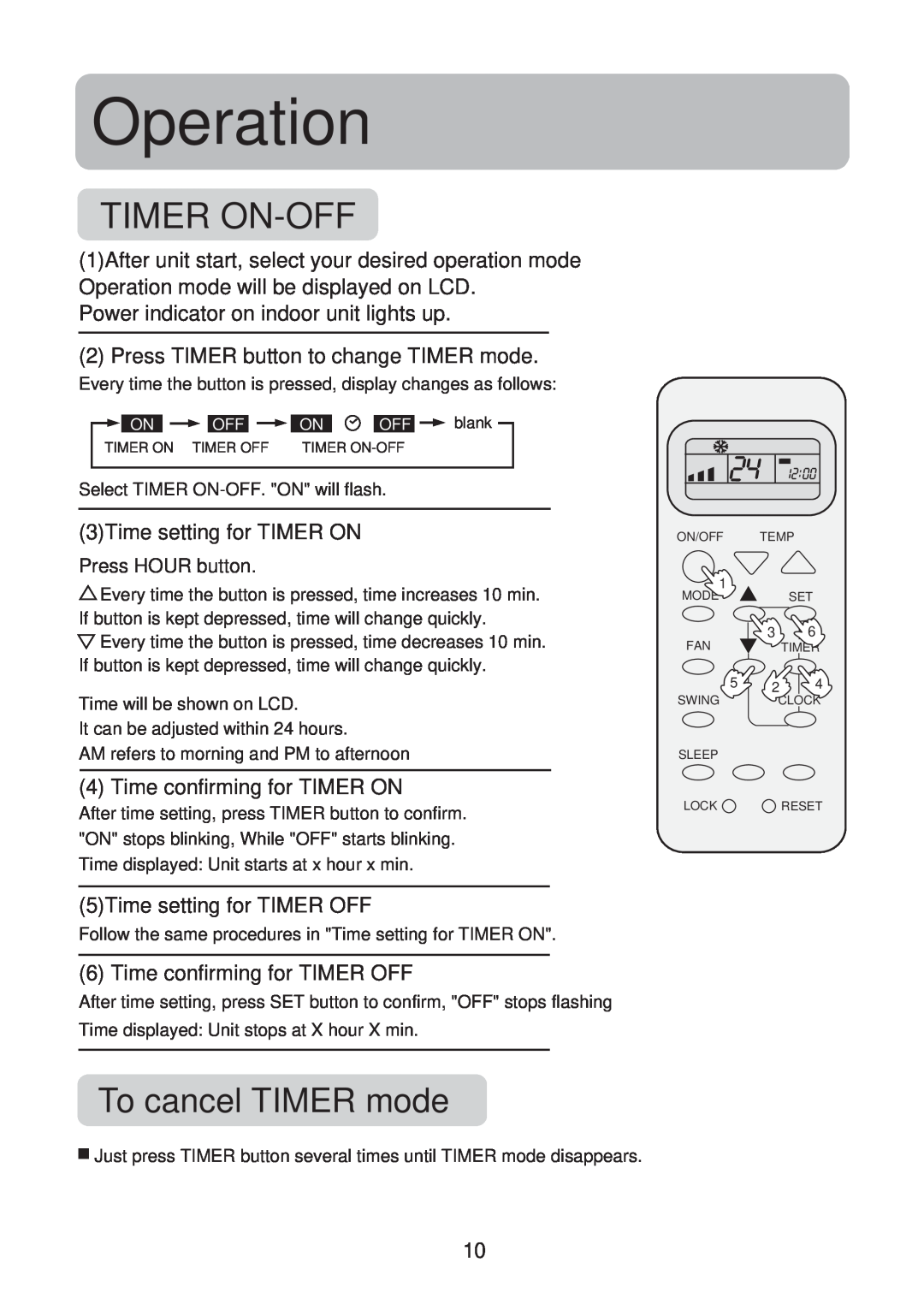Haier No. 0010551809 Timeron--Off, To cancel TIMER mode, Operation, Power indicator on indoor unit lights up 