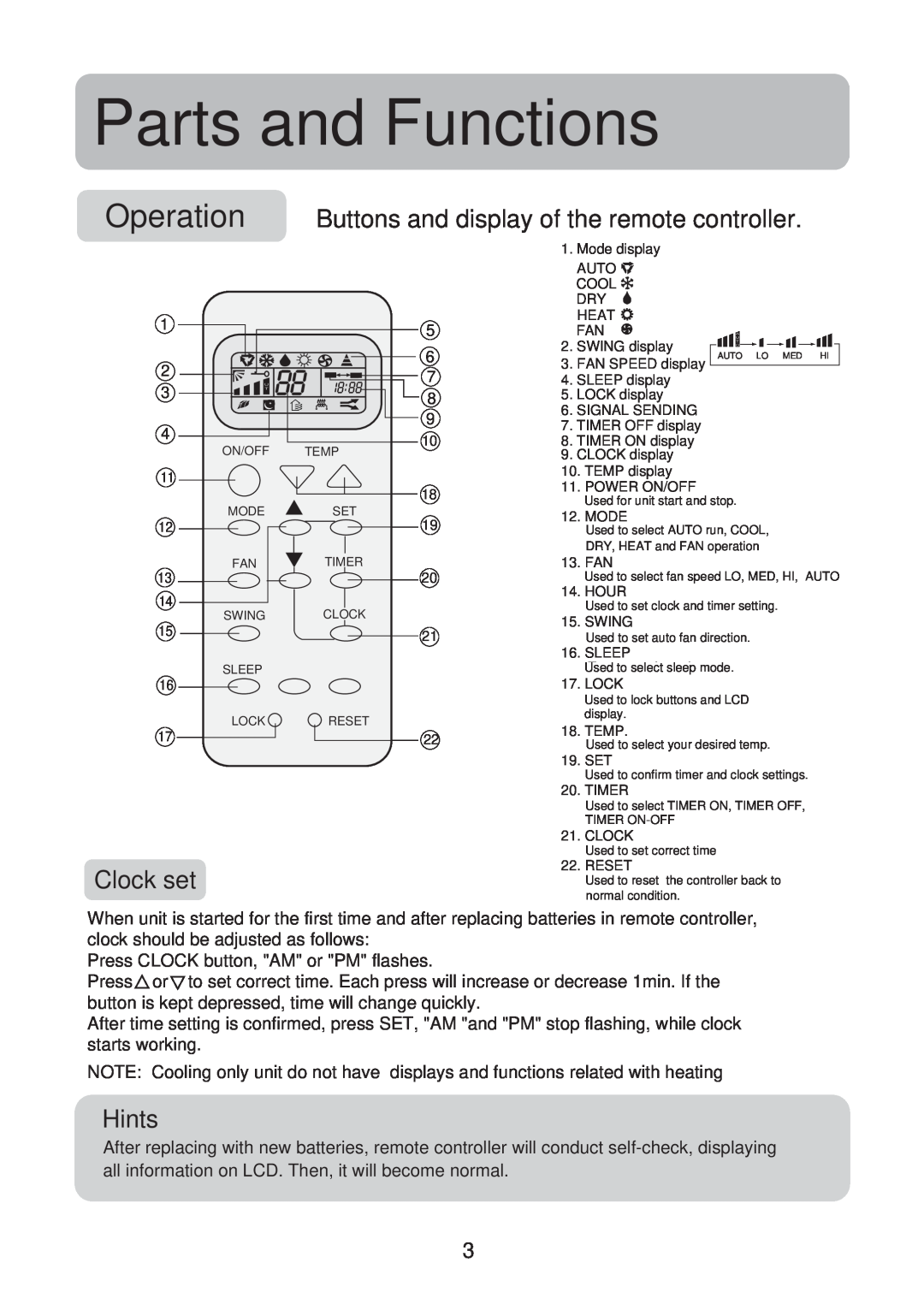 Haier No. 0010551809 operation manual Clock set, Hints, Parts and Functions 