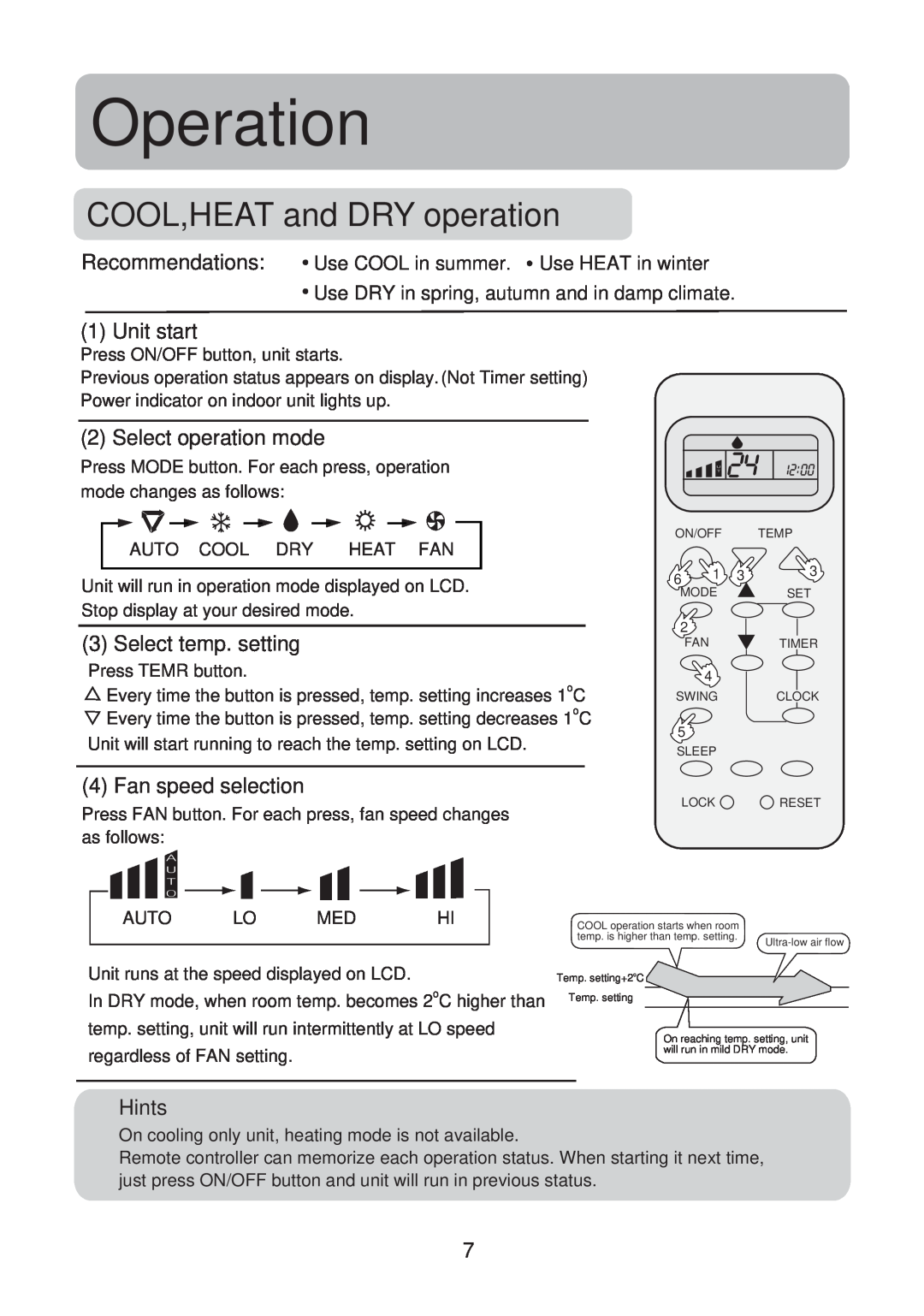 Haier No. 0010551809 COOL,HEAT and DRY operation, Operation, Unit start, Select operation mode, Select temp. setting 