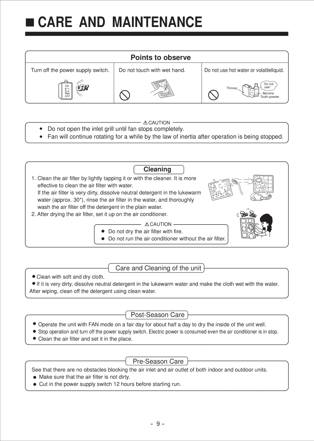 Haier No. 0010572410 installation manual Care and Maintenance, Points to observe 