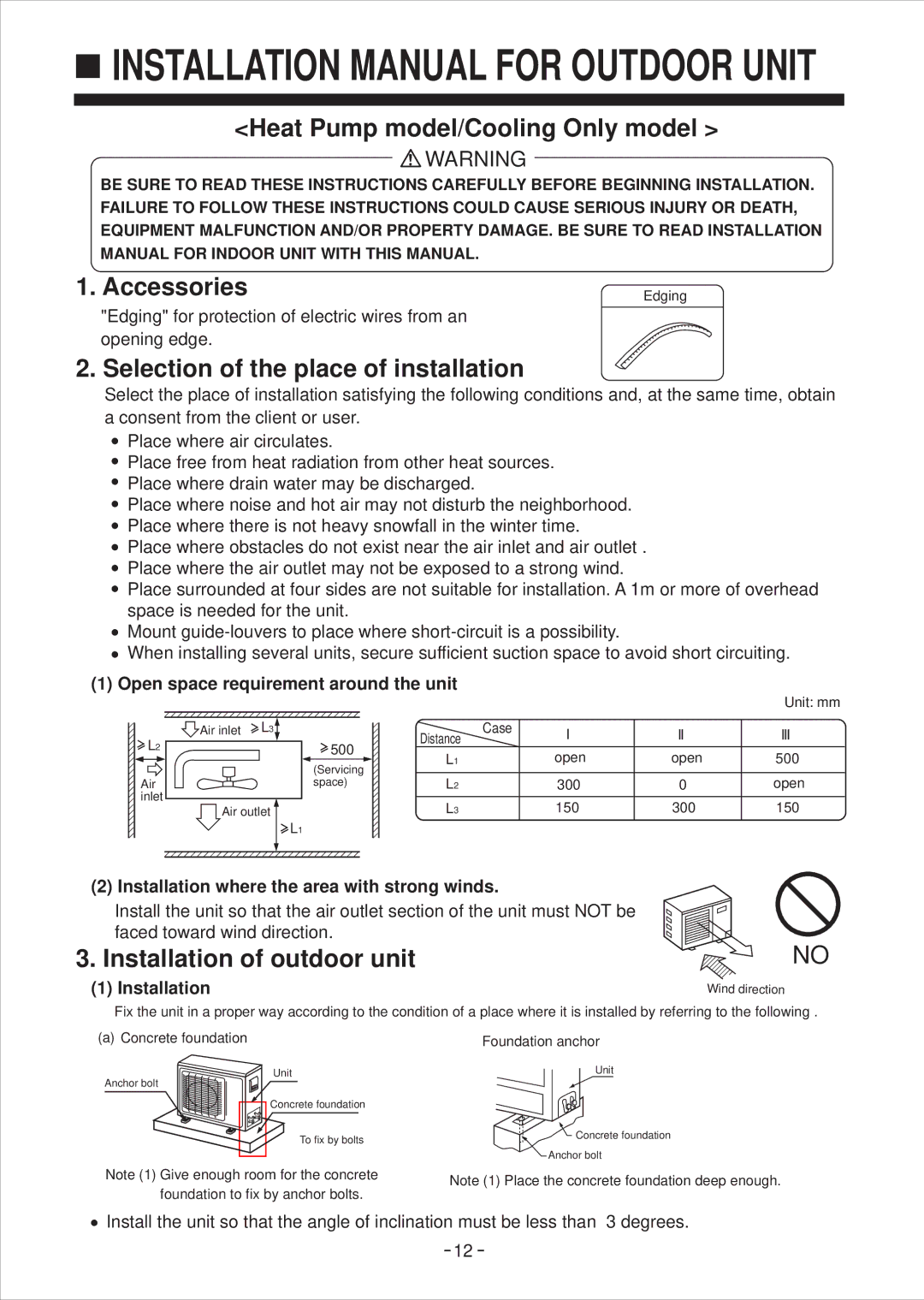 Haier No. 0010572410 Open space requirement around the unit, Installation where the area with strong winds 