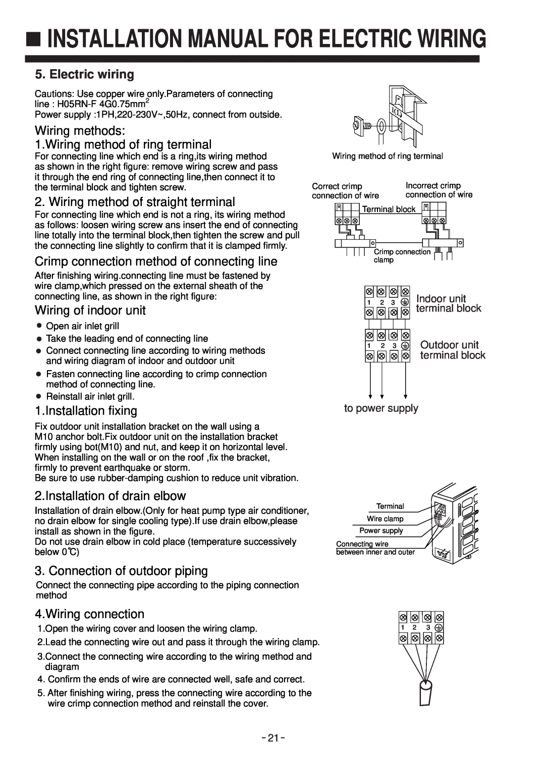 Haier No. 0010572410 Installation Manual For Electric Wiring, Electric wiring, Indoor unit terminal block, to power supply 