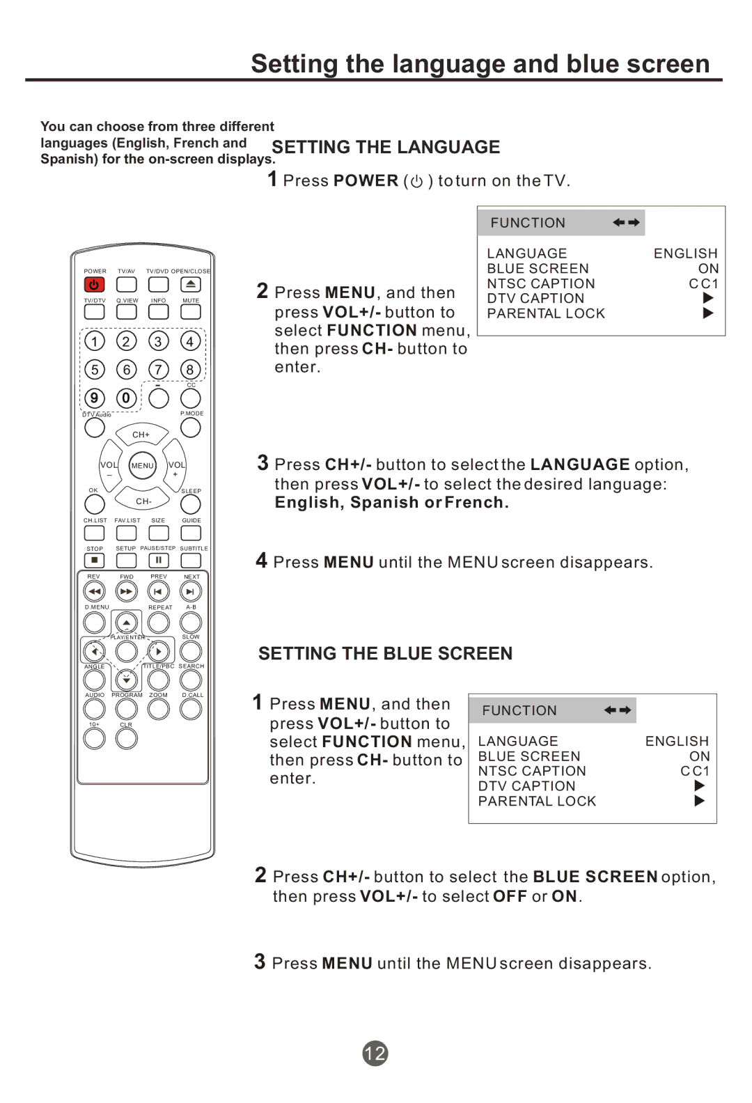 Haier NX-565 owner manual Setting the language and blue screen, Setting the Blue Screen 