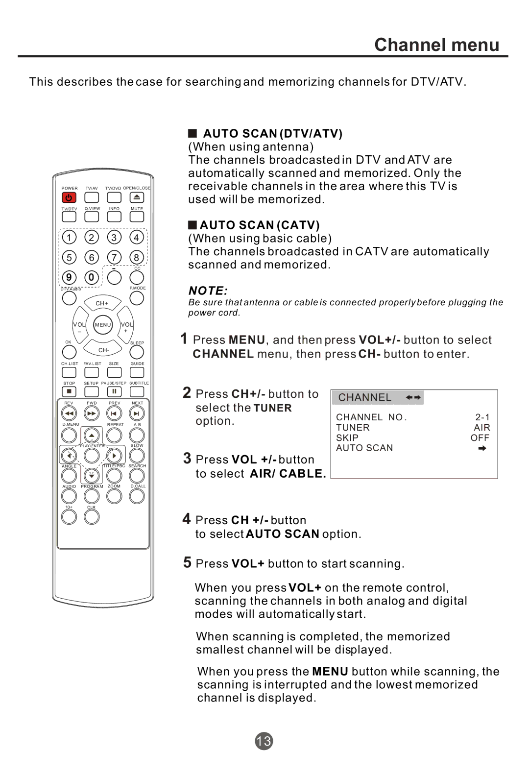 Haier NX-565 owner manual Channel menu, Channel no, Tuner AIR Skip OFF Auto Scan 