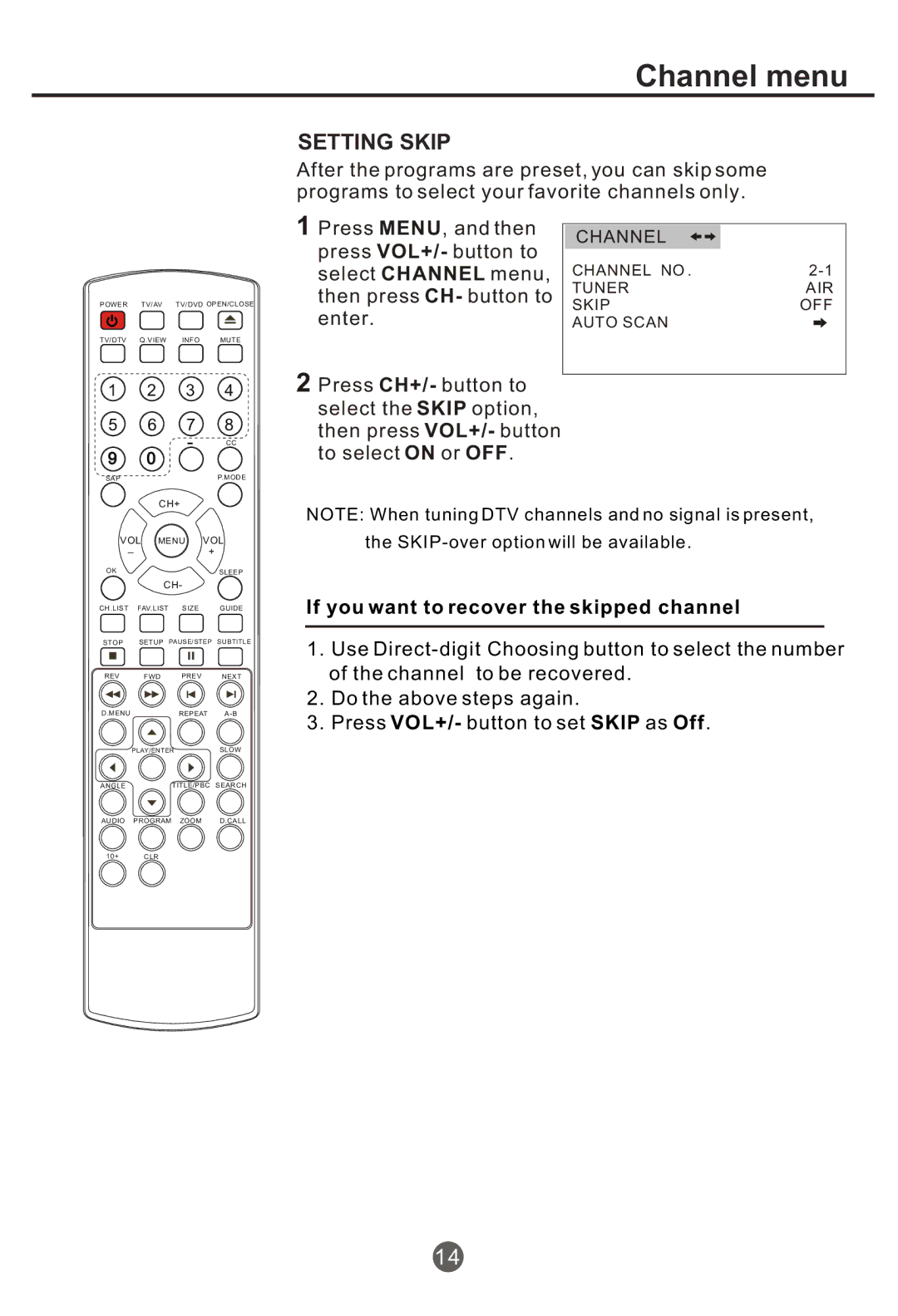 Haier NX-565 owner manual Setting Skip, Channel no Tuner AIR Skip OFF Auto Scan 