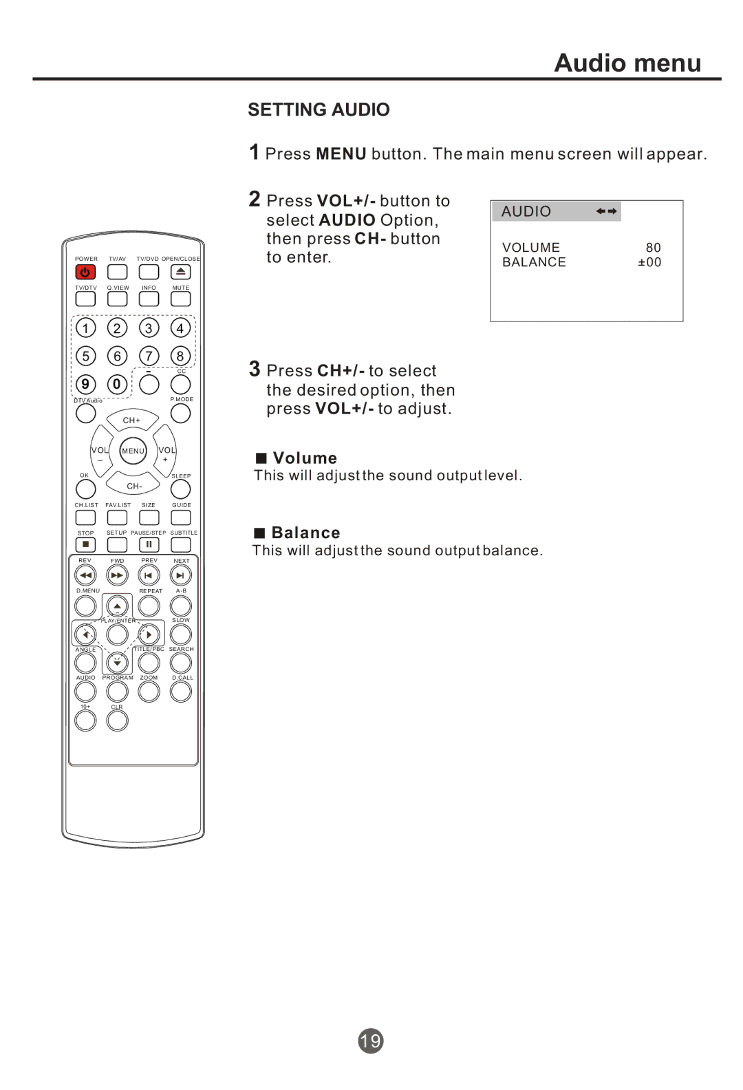 Haier NX-565 owner manual Audio menu, Setting Audio, VOLUME80 BALANCE+00 