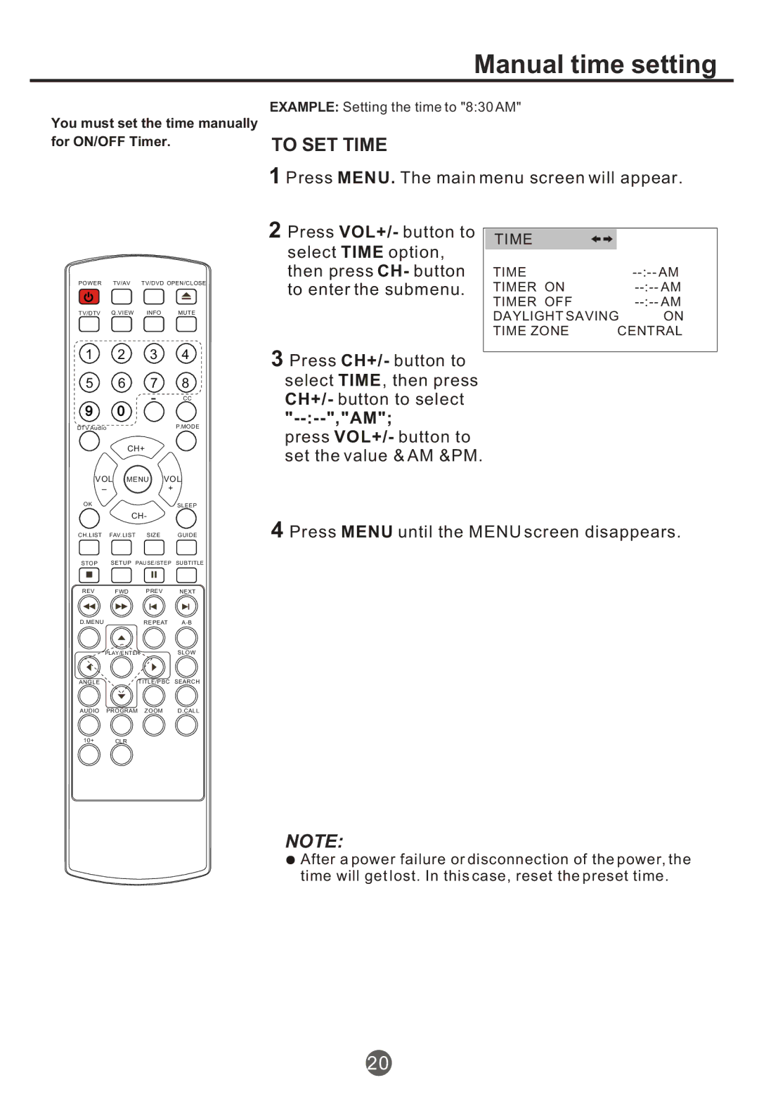 Haier NX-565 owner manual Manual time setting, To SET Time, Time Timer on Timer OFF Daylight Saving Time Zone Central 