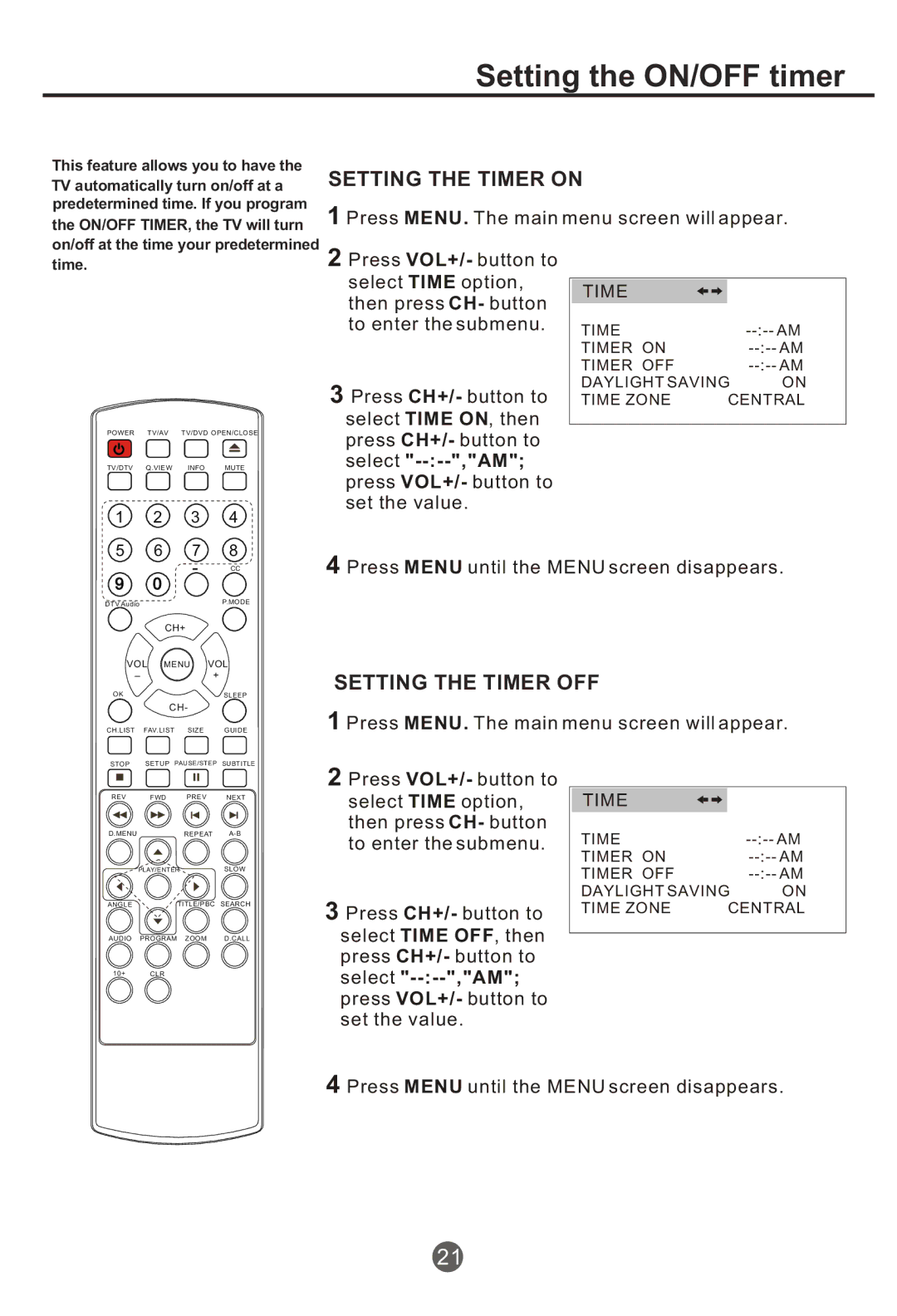 Haier NX-565 owner manual Setting the ON/OFF timer, Setting the Timer on, Setting the Timer OFF, Time Timer on Timer OFF 