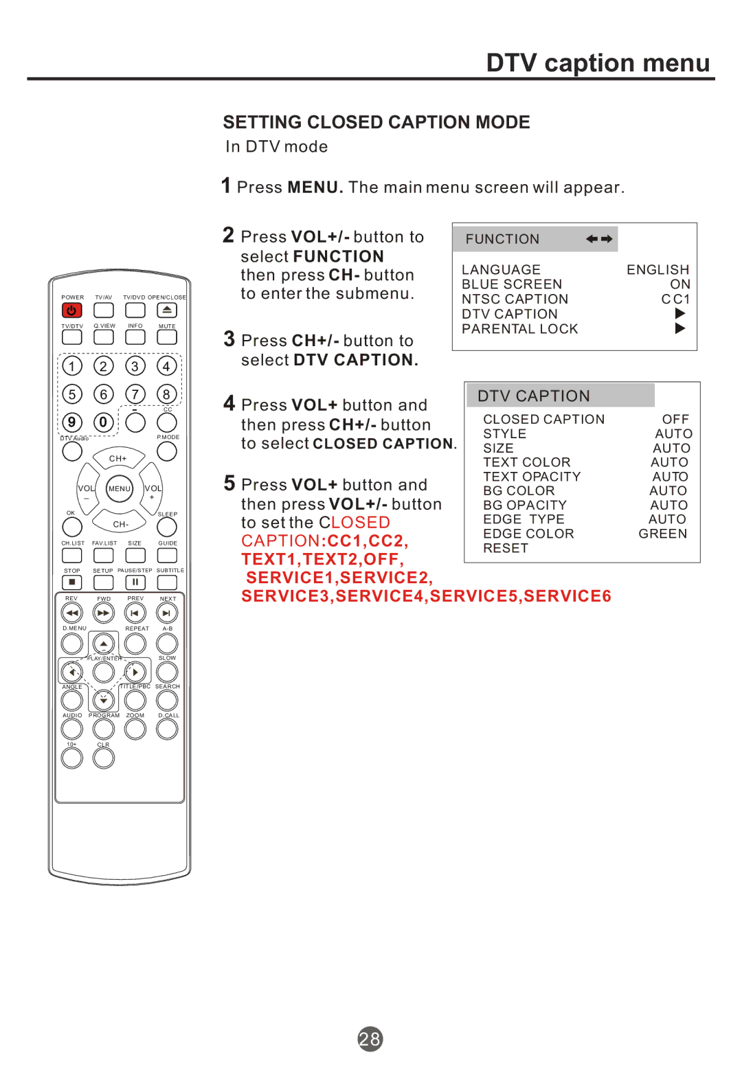 Haier NX-565 owner manual DTV caption menu, Setting Closed Caption Mode 