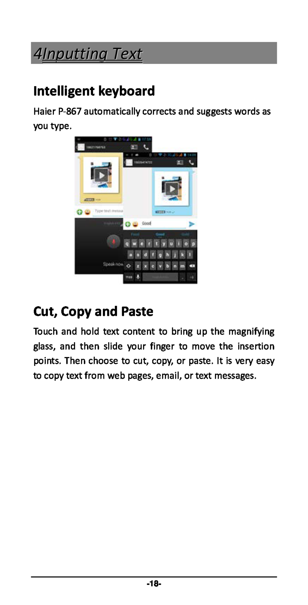 Haier P-867 user manual 4Inputting Text, Intelligent keyboard, Cut, Copy and Paste 