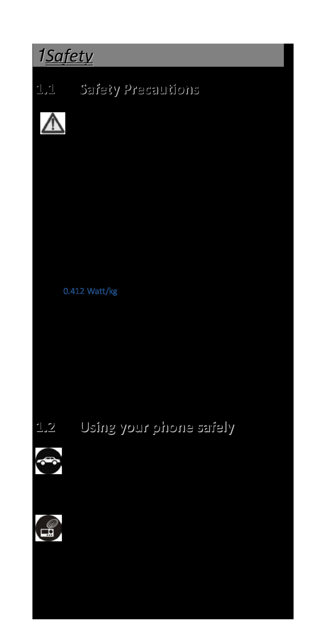 Haier P-867 user manual 1Safety, Safety Precautions, Using your phone safely, On The Road, Near Sensitive Electronics 