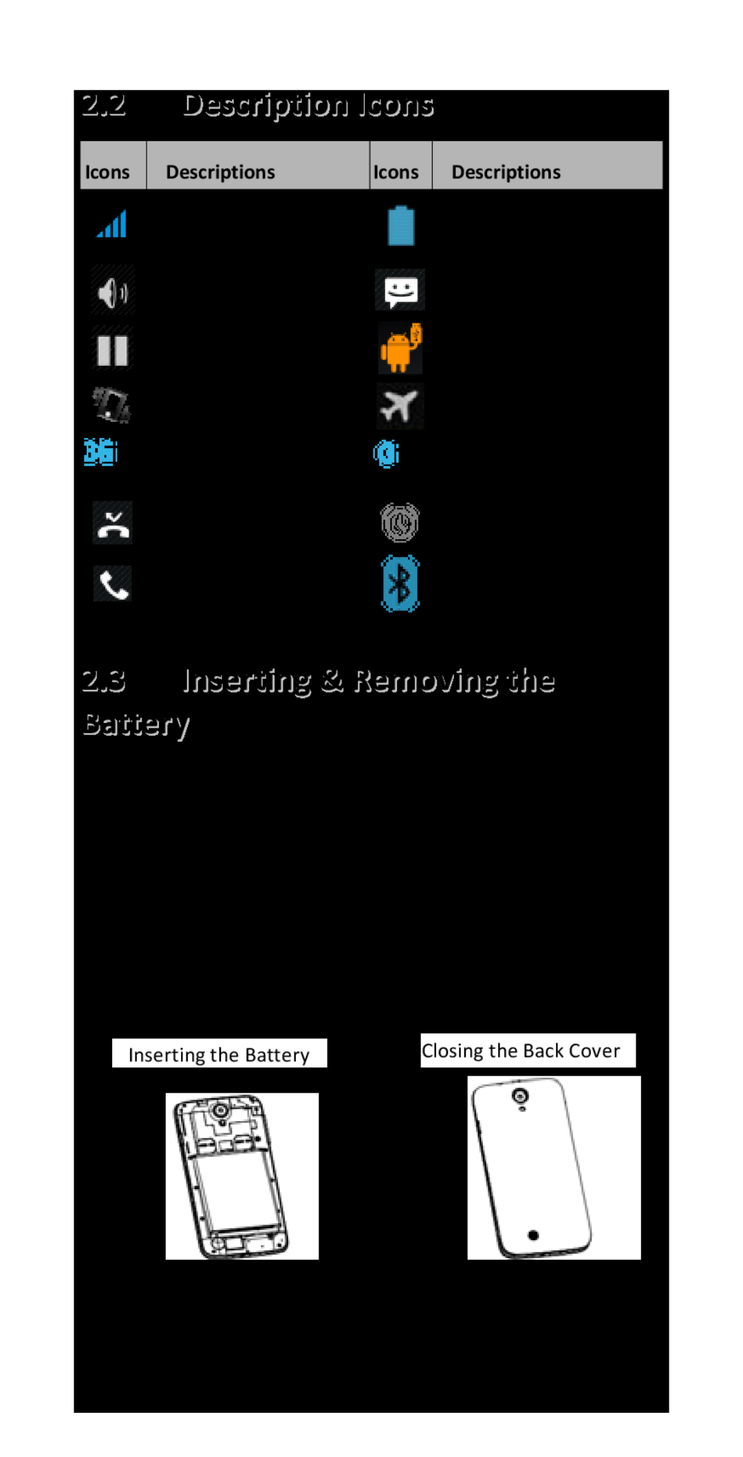 Haier P-867 user manual Description Icons, Inserting & Removing the Battery 