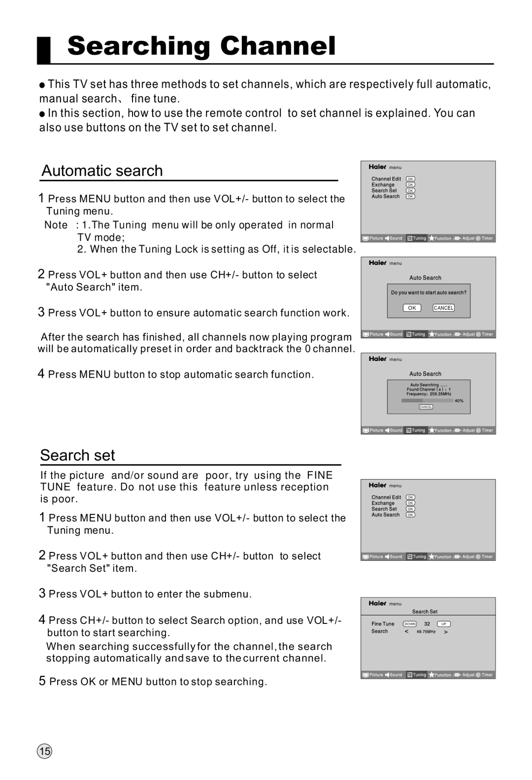 Haier P37K1, P50K1, P42K1 manual Searching Channel, Automatic search, Search set 