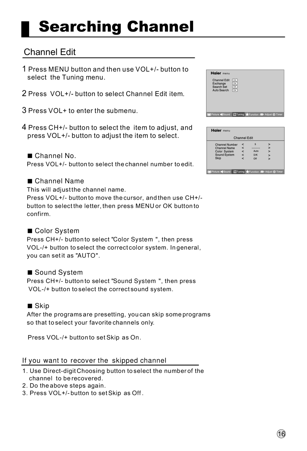 Haier P50K1, P37K1, P42K1 manual Channel Edit 