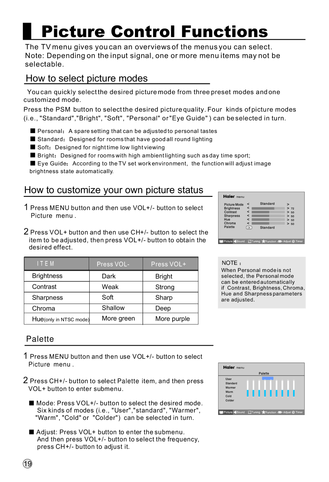 Haier P50K1 Picture Control Functions, How to select picture modes, How to customize your own picture status, Palette 