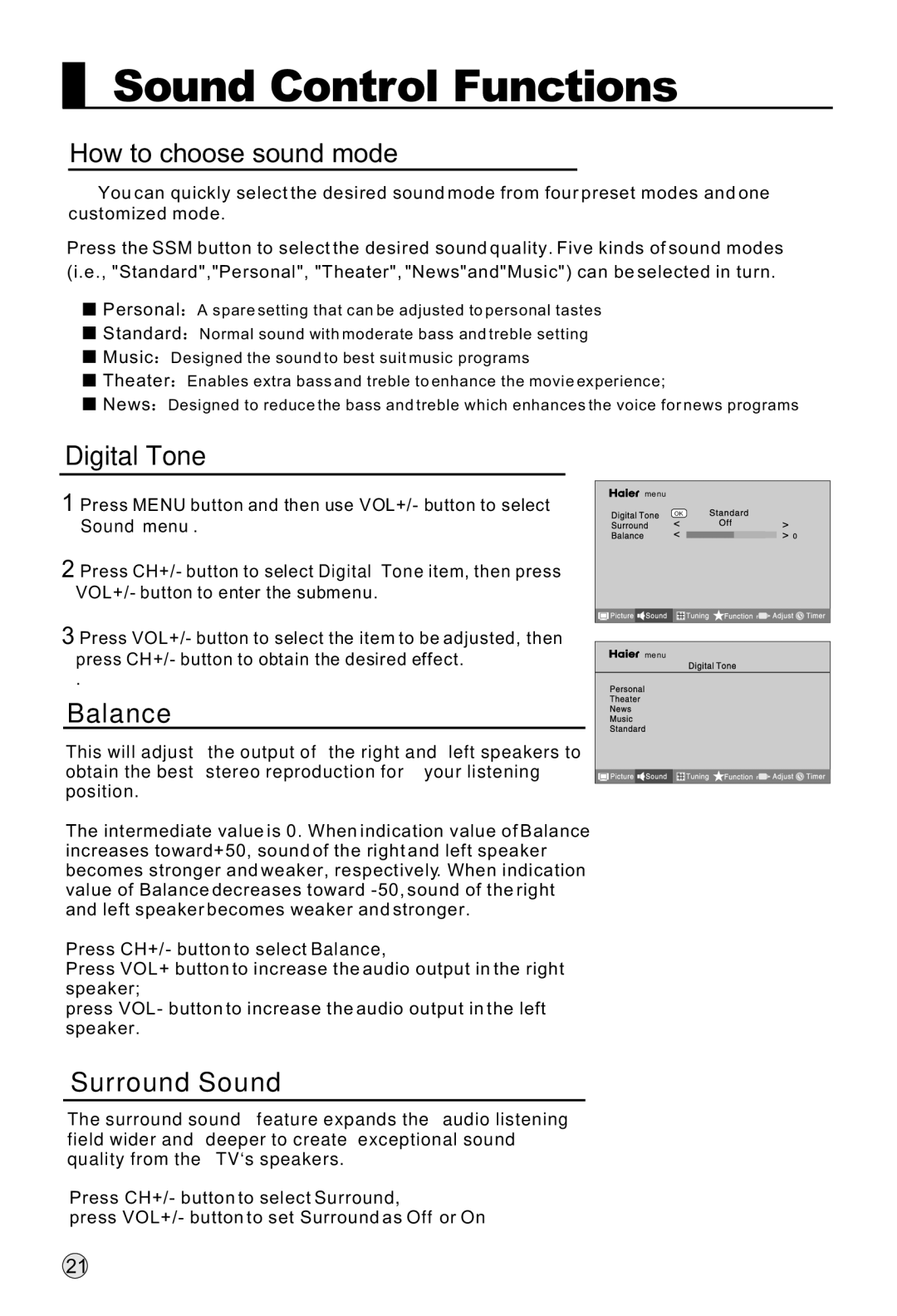 Haier P37K1, P50K1, P42K1 manual Sound Control Functions, How to choose sound mode, Digital Tone, Balance, Surround Sound 